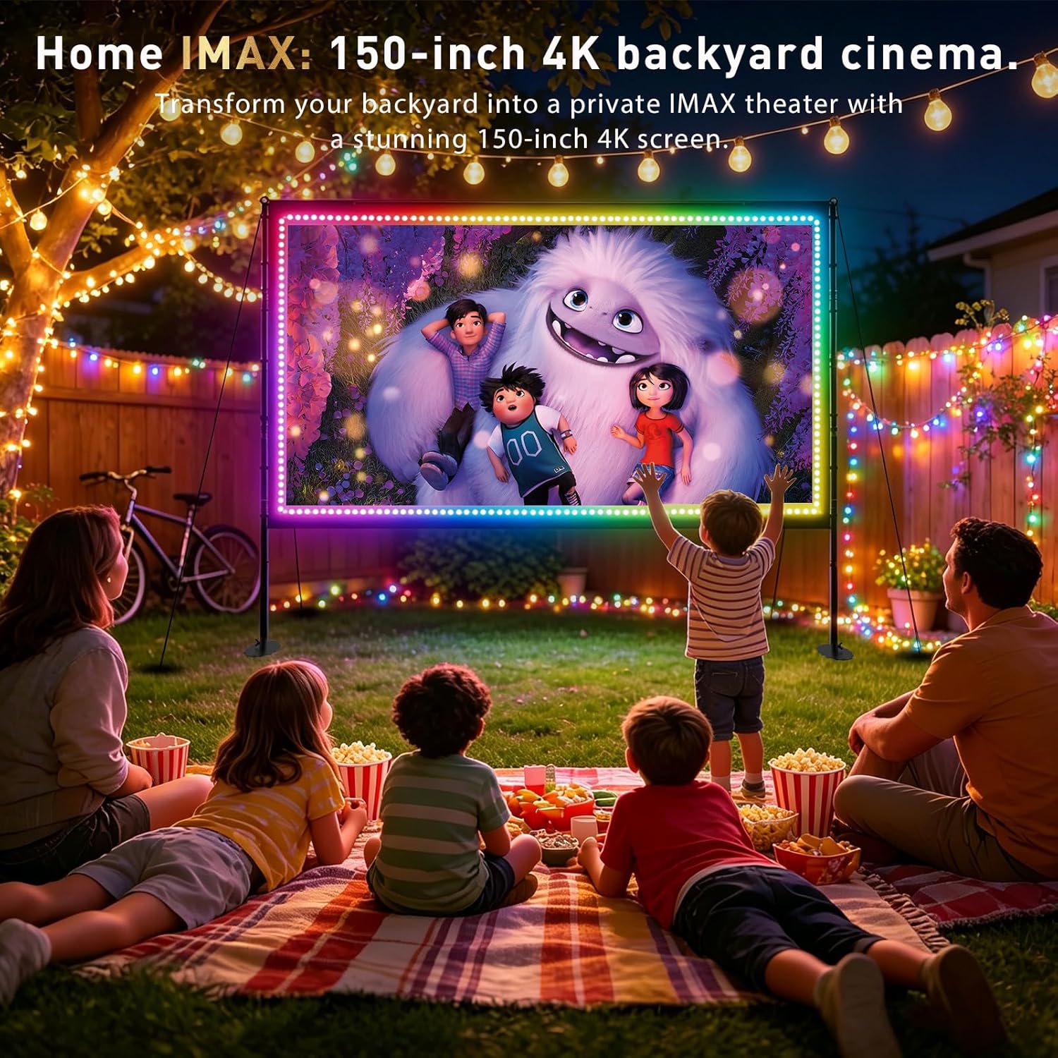 Detalle de 150 Inch Projector Screen with Stand with USB String Lights: Large Indoor/Outdoor 16:9 4K-Ready Display
