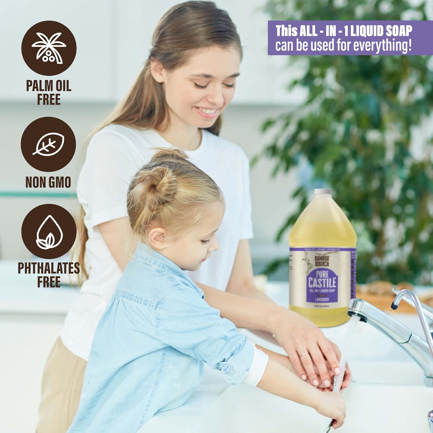 Detalle de Bamboo and Birch Pure Castile Soap Liquid (Lavender) — 64 oz, natural palm-oil-free liquid soap