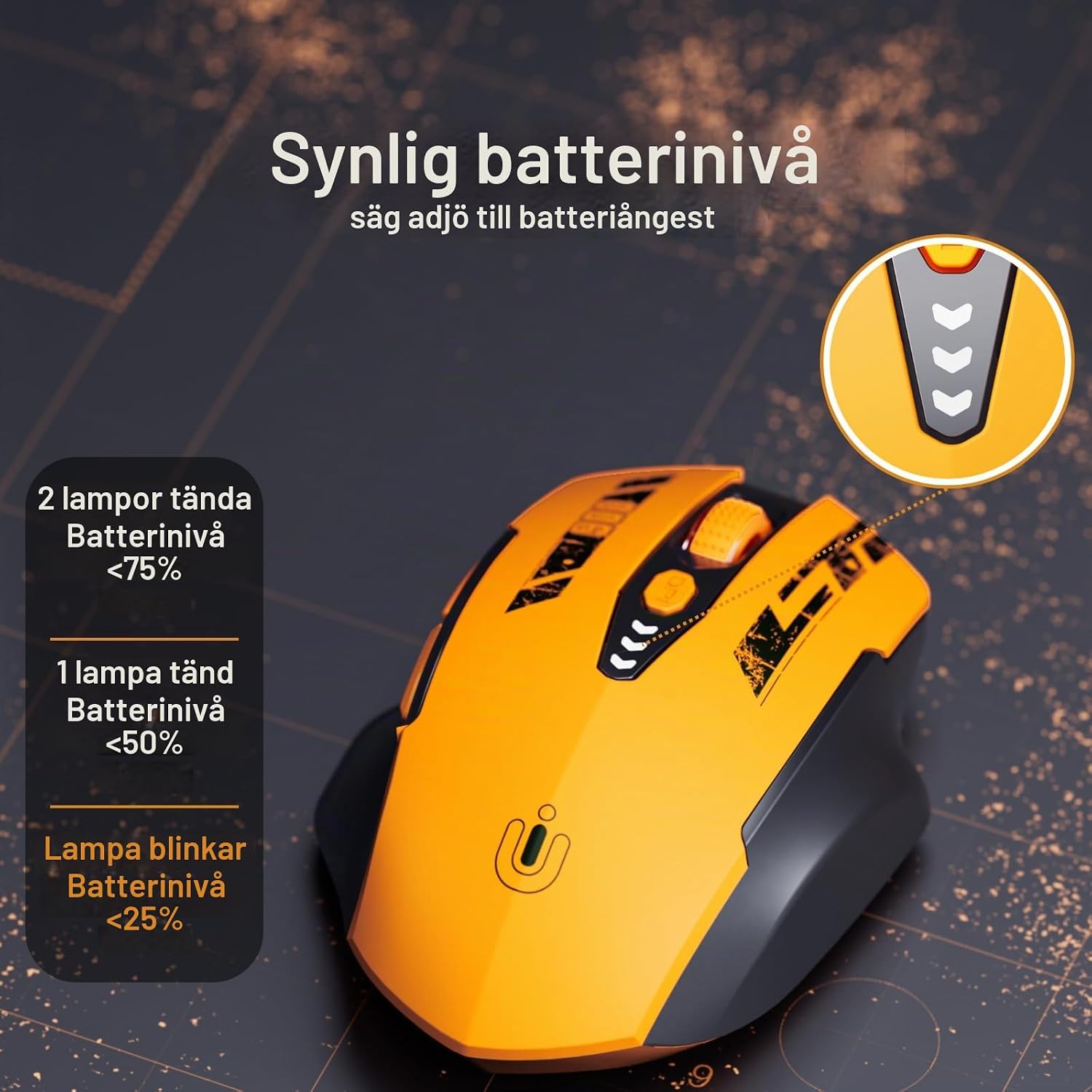 Thumbnail 2 de Uineer YU-U6P trådlös mus, gul, med batteriindikator och 4 DPI-lägen