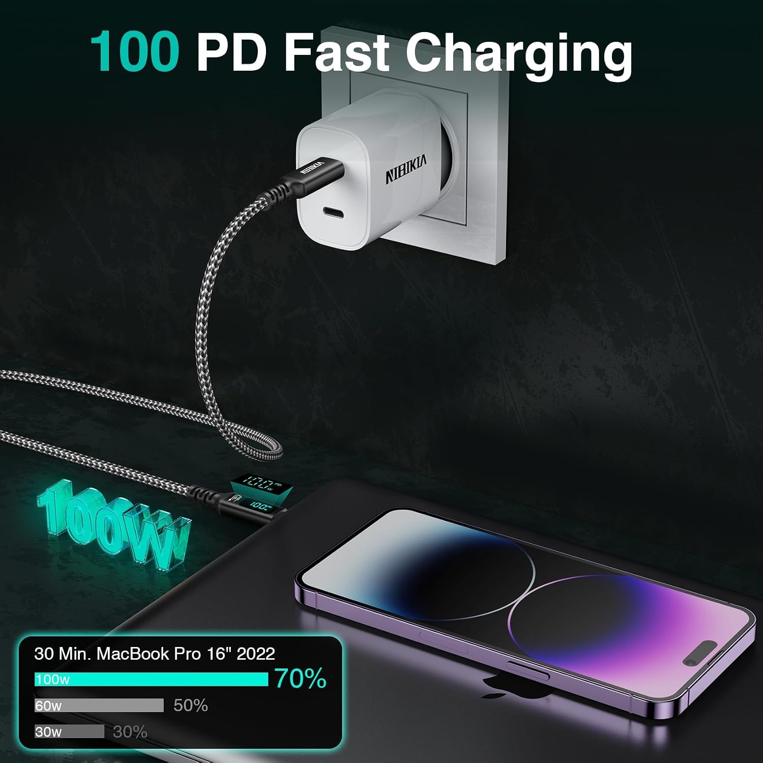 Detalle de USB-C auf USB-C Kabel 100W mit LED, 2×2 m