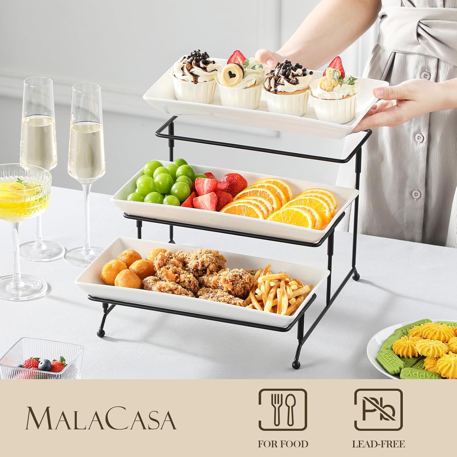 Thumbnail 2 de MALACASA 3-Tier Porcelain Serving Stand with Collapsible Metal Rack, 12-Inch Tray