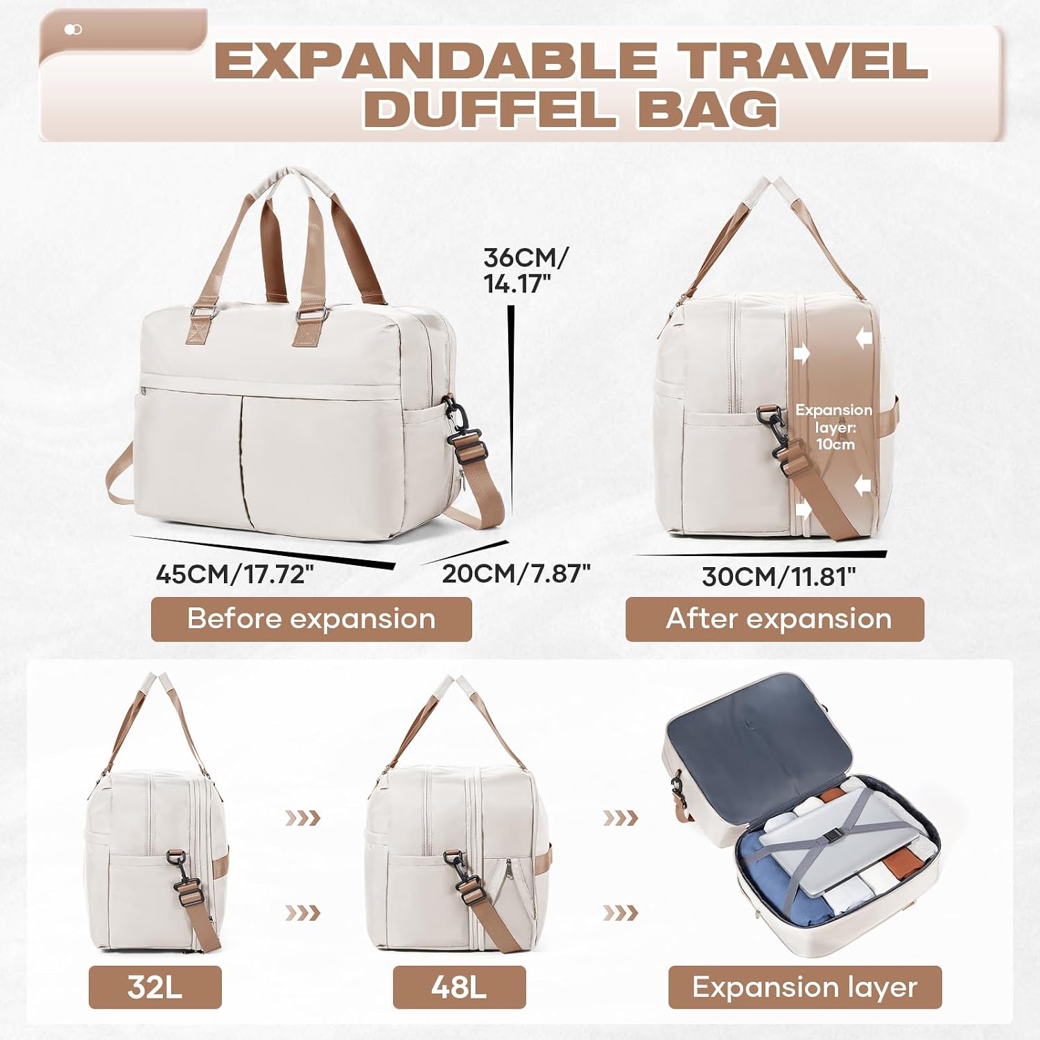 Thumbnail 3 de Reisetasche Damen 45×36×20 Easyjet Handgepäck Tasche Dufflebag/Weekender 10 cm erweiterbar (wasserfest) – D1-Beige braun