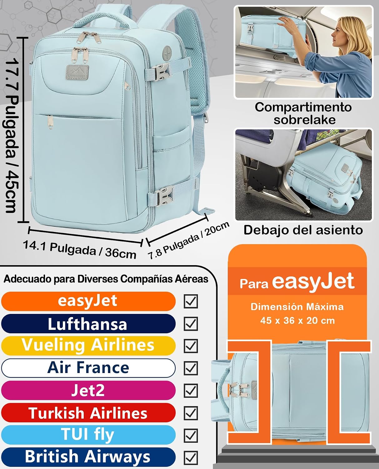 Thumbnail 1 de LYNXCHER Mochila de Viaje Cabina para Avión ✈️ 30L Celeste