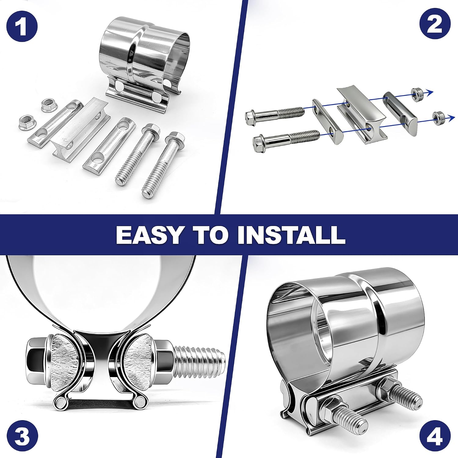 Detalle de SKYMIRO 3 Inch Exhaust Clamp (2-Pack) — 304 Stainless Steel Lap Joint Band Clamp