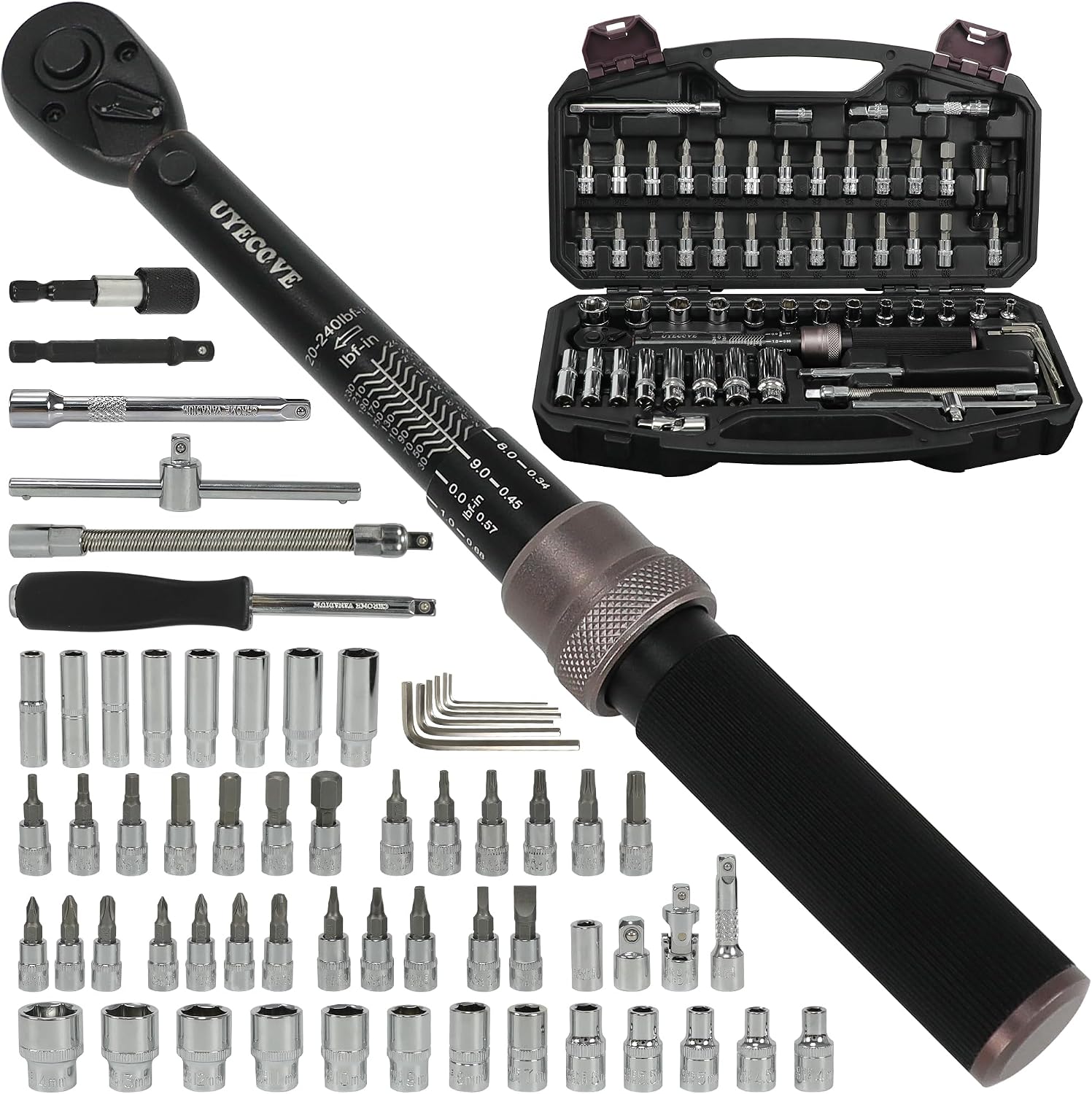 Detalle de UYECOVE 63Pcs 1/4-Inch Drive Click Torque Wrench Set, 1–25 N·m