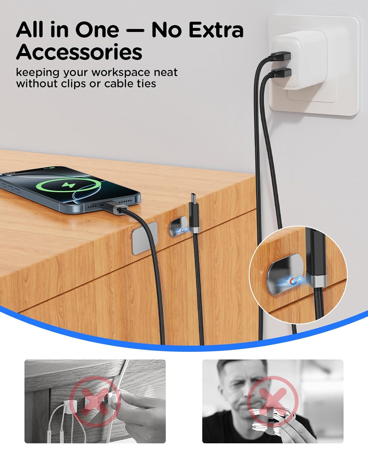 Detalle 2 de Magtame Staycable USB-A auf USB-C Kabel mit magnetischem Halter – 1,5 m, Schneller Ladevorgang und aufgeräumter Arbeitsplatz
