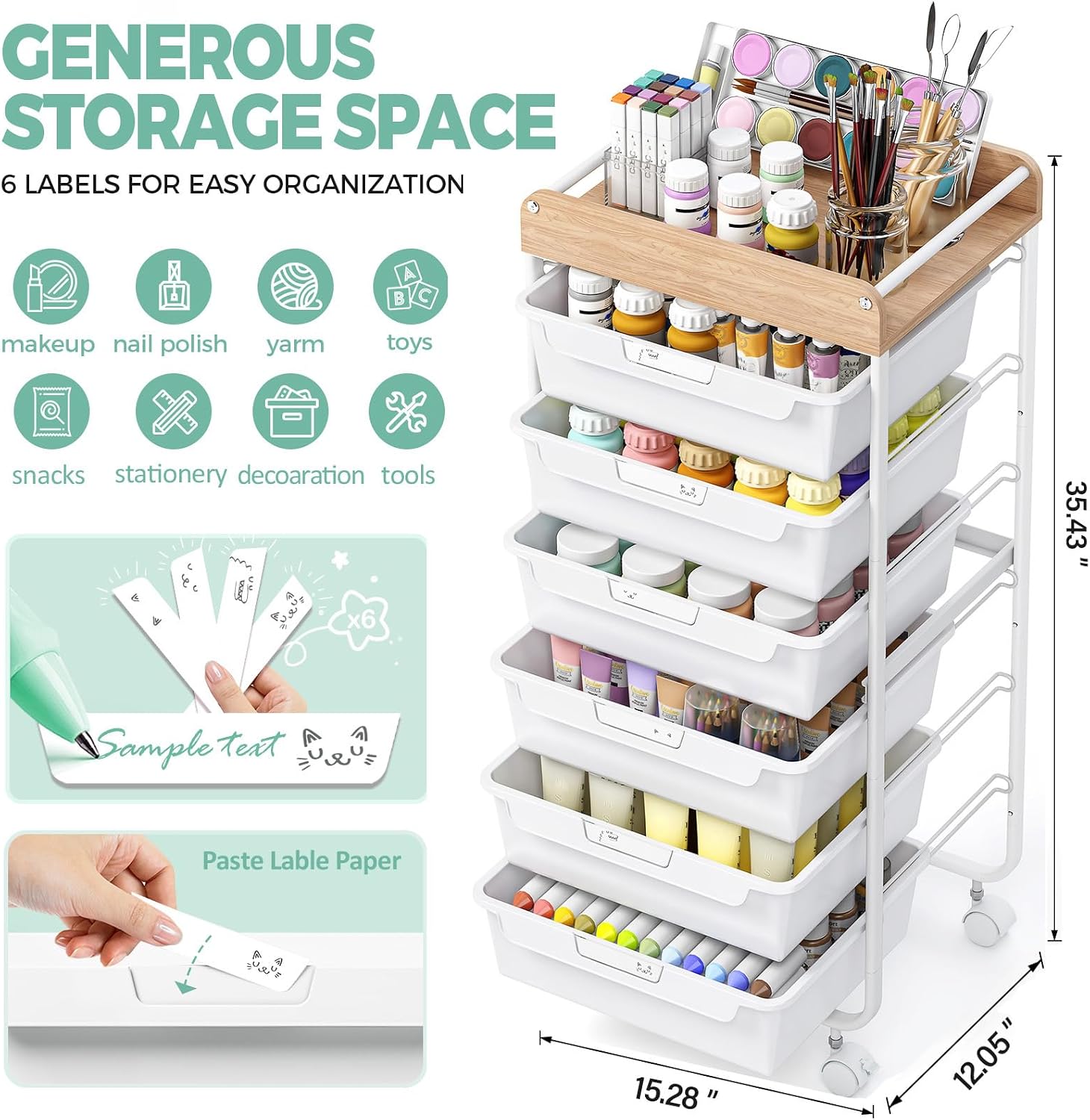 Detalle de SYKIARIOL 1431+1233+1432 6-Drawer Rolling Storage Cart with Wooden Top, White