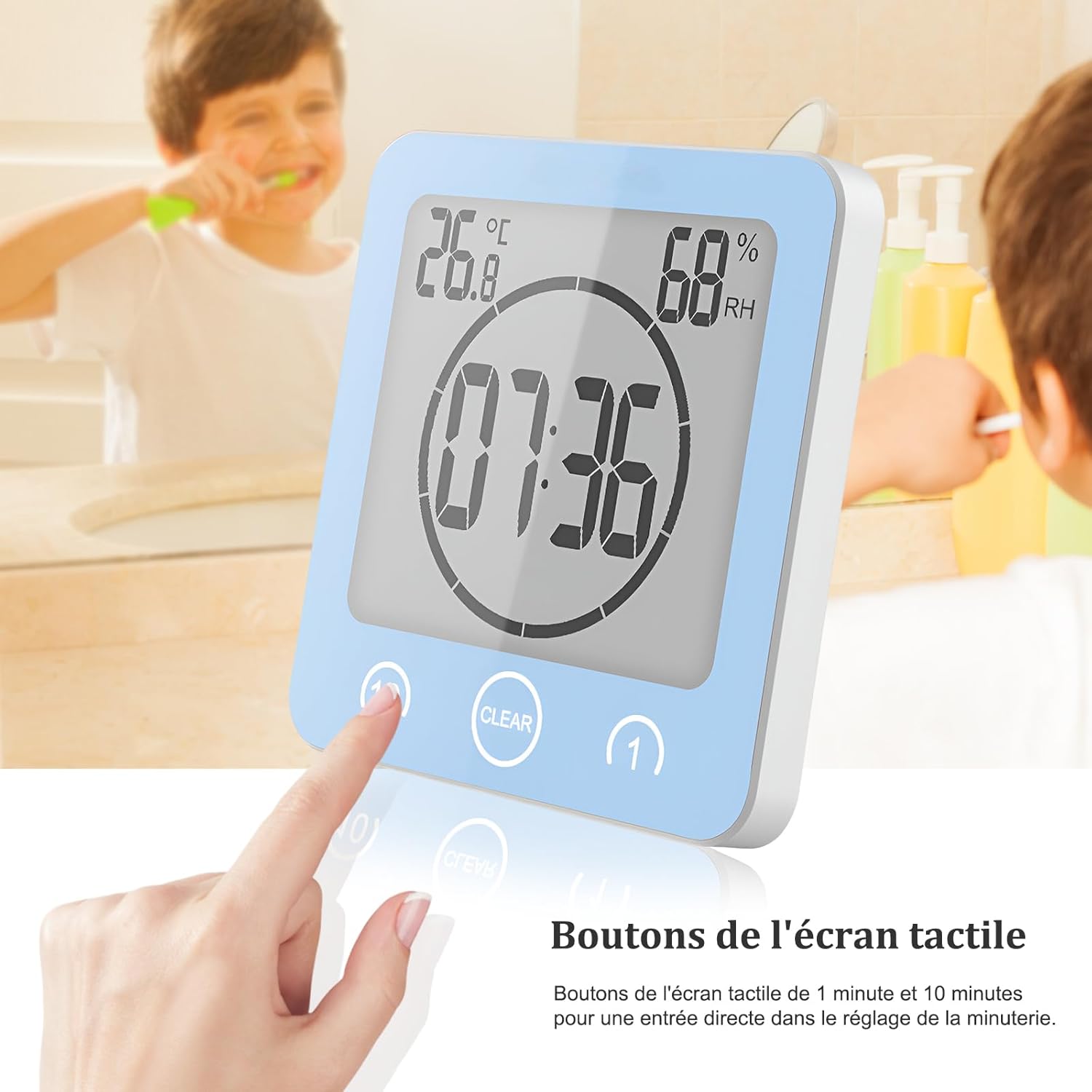 Thumbnail 3 de Horloge de salle de bain / douche tactile étanche avec alarme numérique LCD, thermomètre-hygromètre et minuterie (bleu)