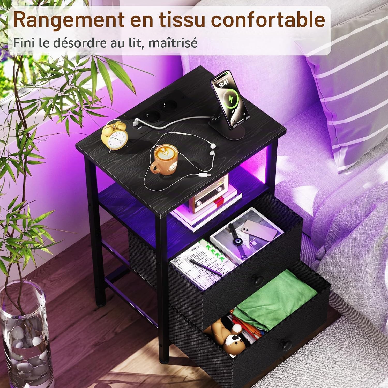 Detalle 2 de AMHANCIBLE HETS02BK-1 led-nachtkastje met RGB-verlichting, stopcontacten en stoffen lades