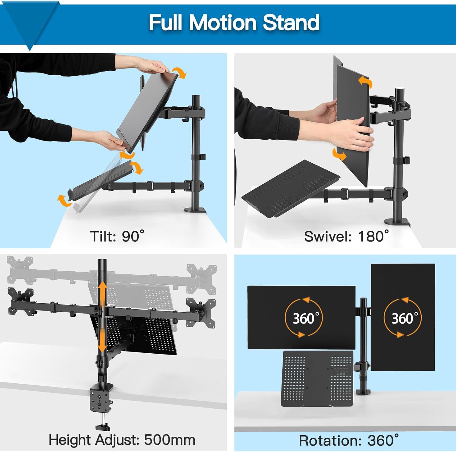 Thumbnail 1 de HUANUO Laptop Mount: Height‑Adjustable Dual Monitor Mount with Laptop Tray for 13–27in Monitors and 10–17in Notebooks