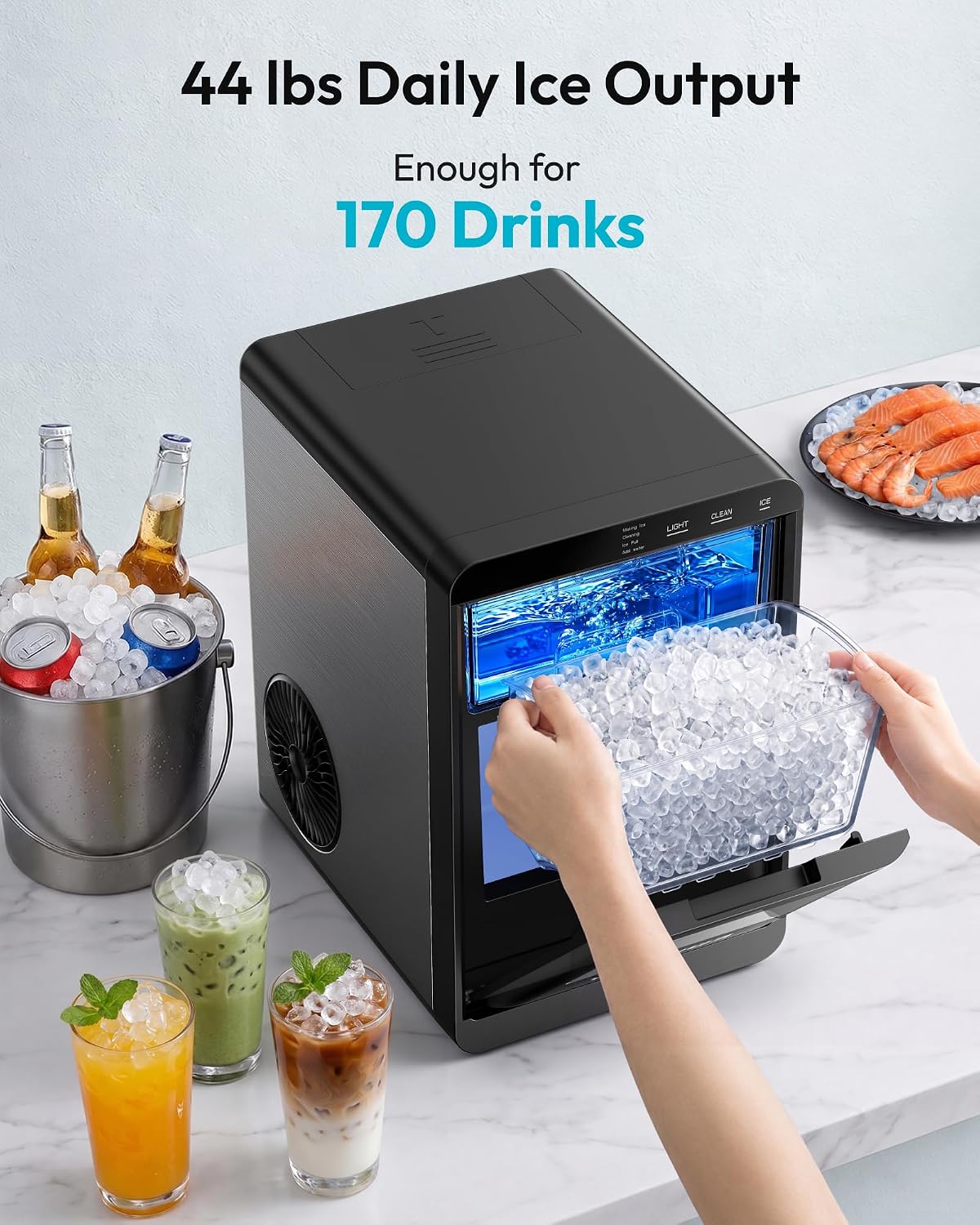 Detalle de EUHOMY IM017-N1X2-US Nugget Ice Maker, 44 lb/24h, Self-Cleaning, Black