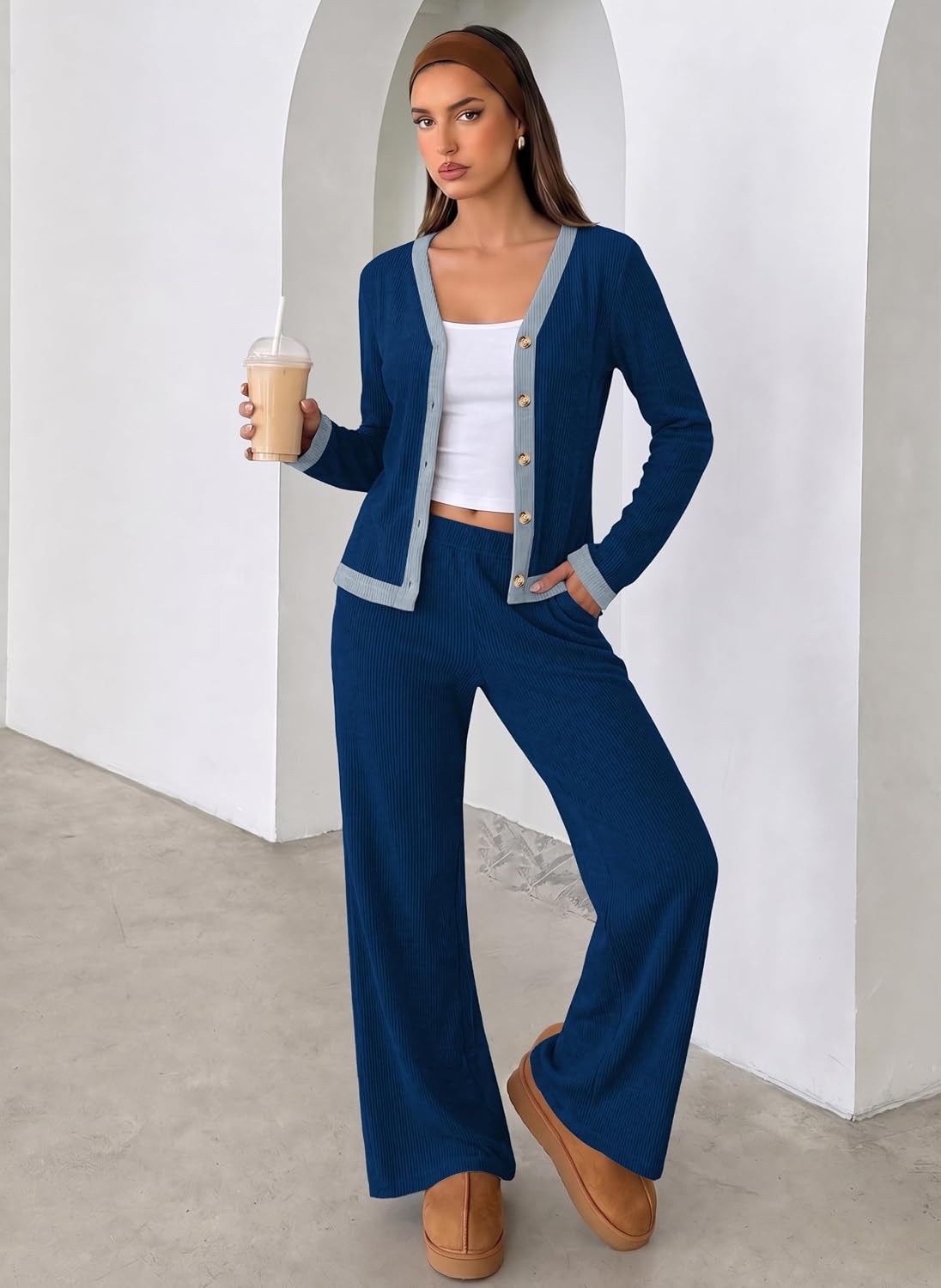 Detalle de WIHOLL Women's Loungewear Set Ribbed Knit