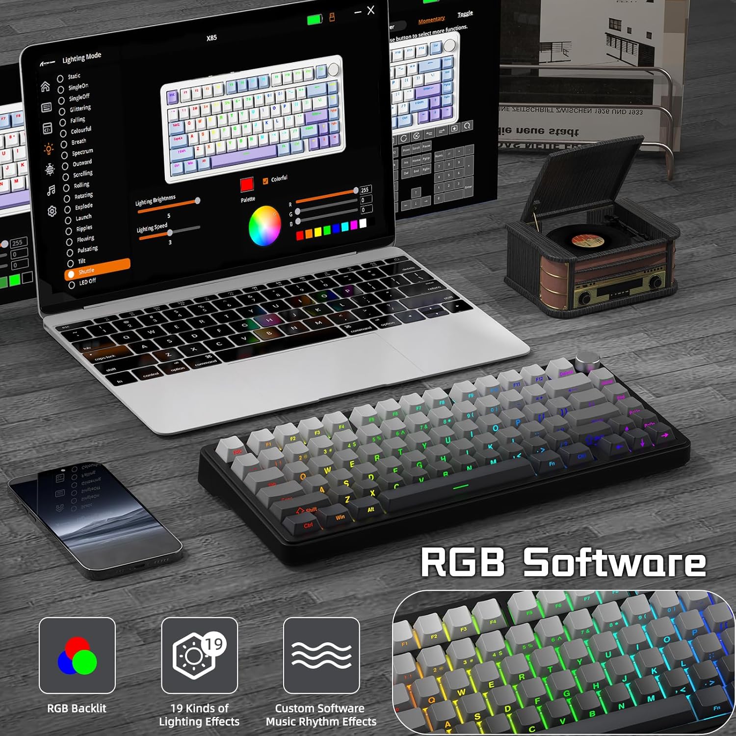 Thumbnail 5 de ATTACK SHARK X85 Gasket Mechanical Keyboard with Knob (75% Tri-Mode) - Black Gradient PBT Keycaps