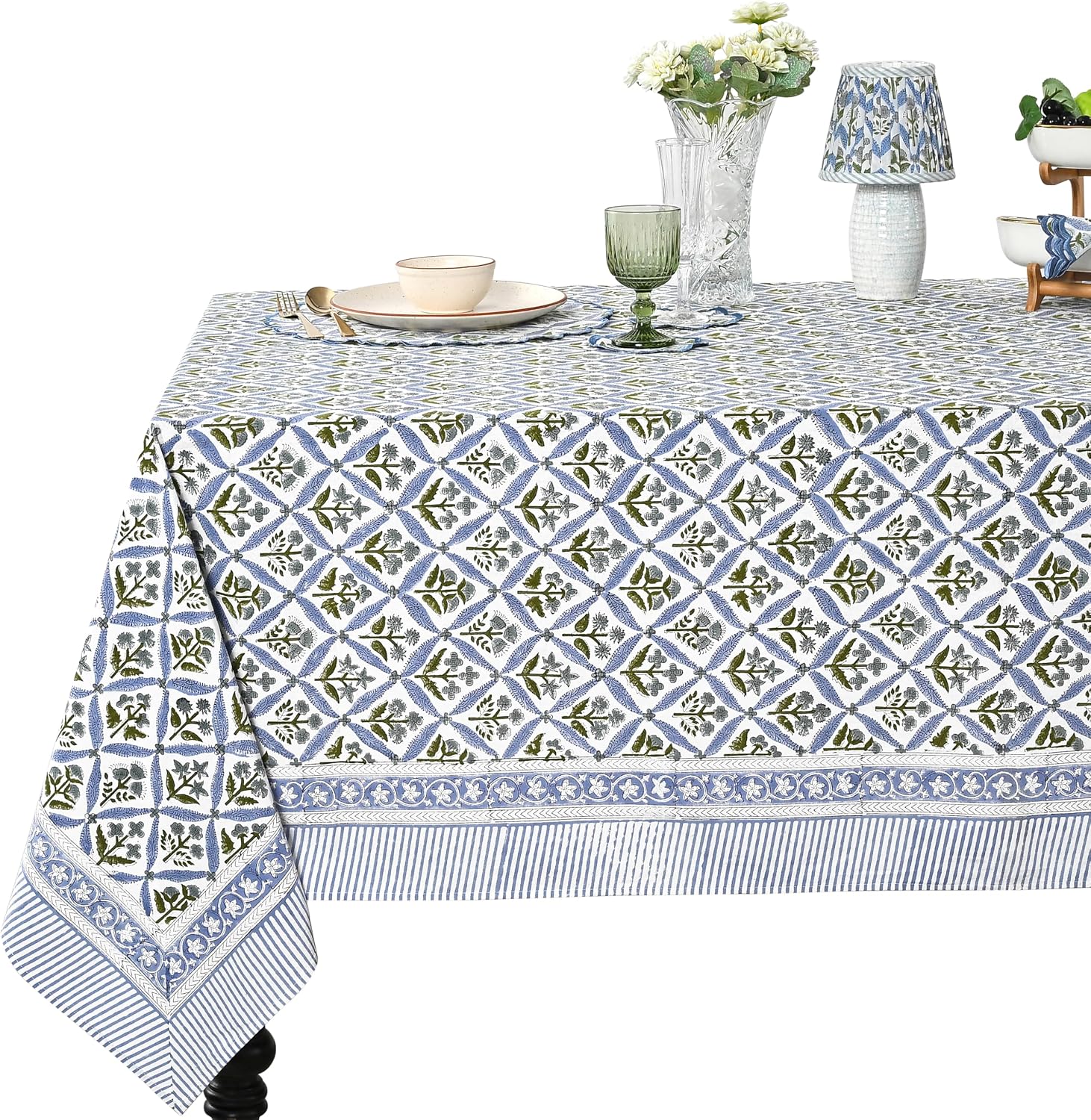 Detalle de Ridhi Steel Blue 60x60 Inches Square 100% Cotton Hand Block Print Tablecloth