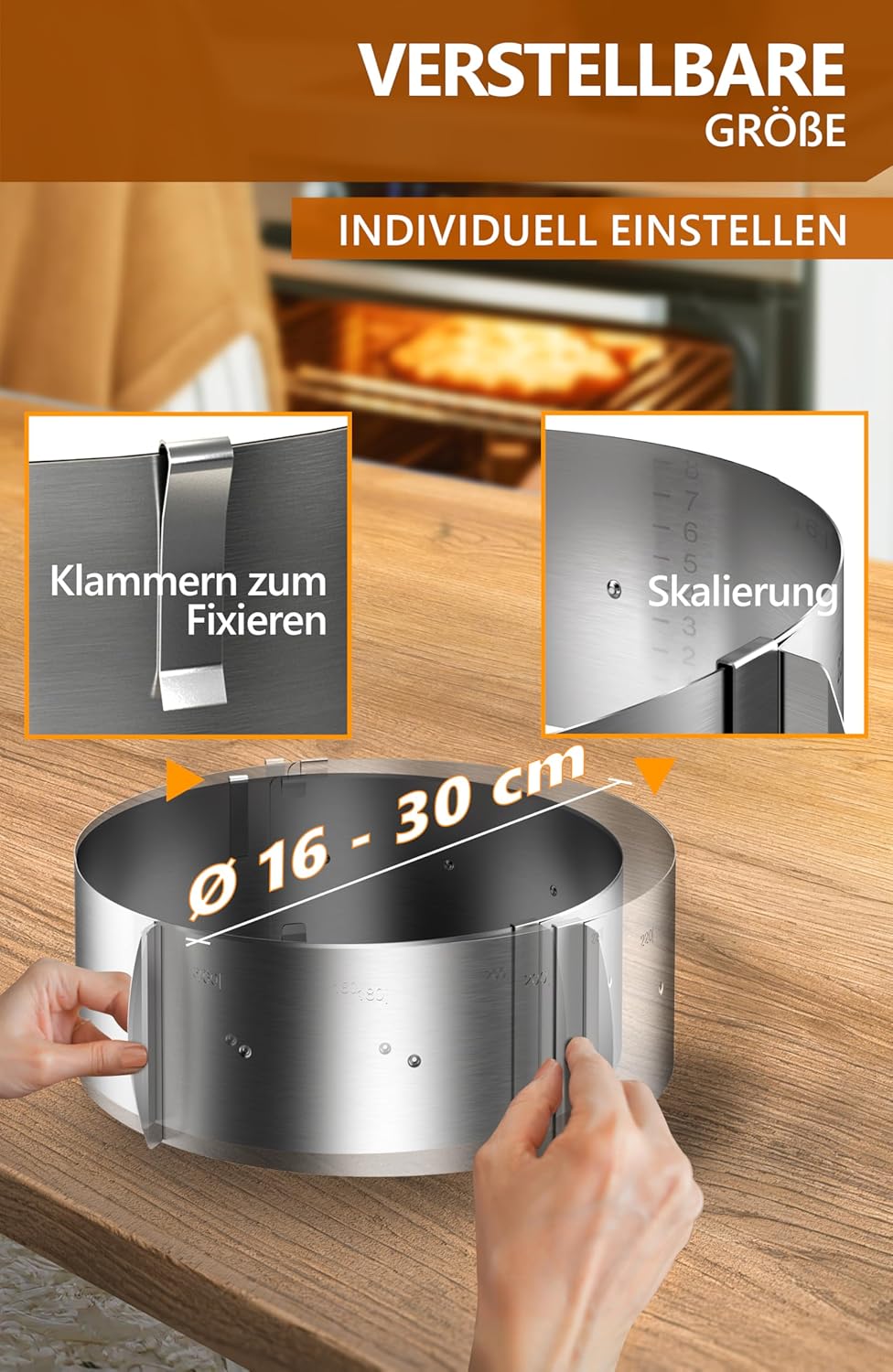 Detalle de 4smile Tortenring verstellbar hoch 8,5 cm – Edelstahl, Ø 16–30 cm