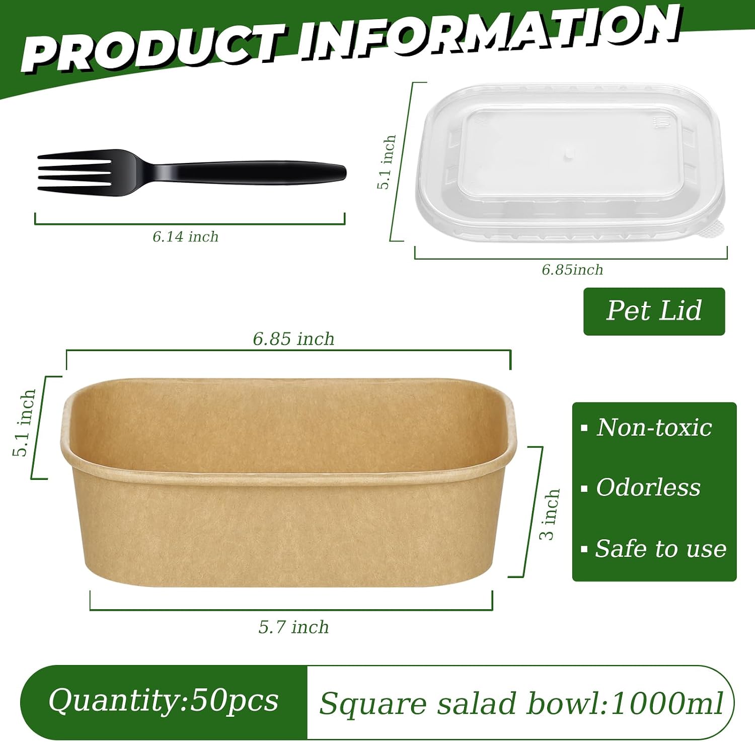 Detalle de DI QIU REN disposable salad bowls with lids, 35 oz Kraft Paper, 50 Count