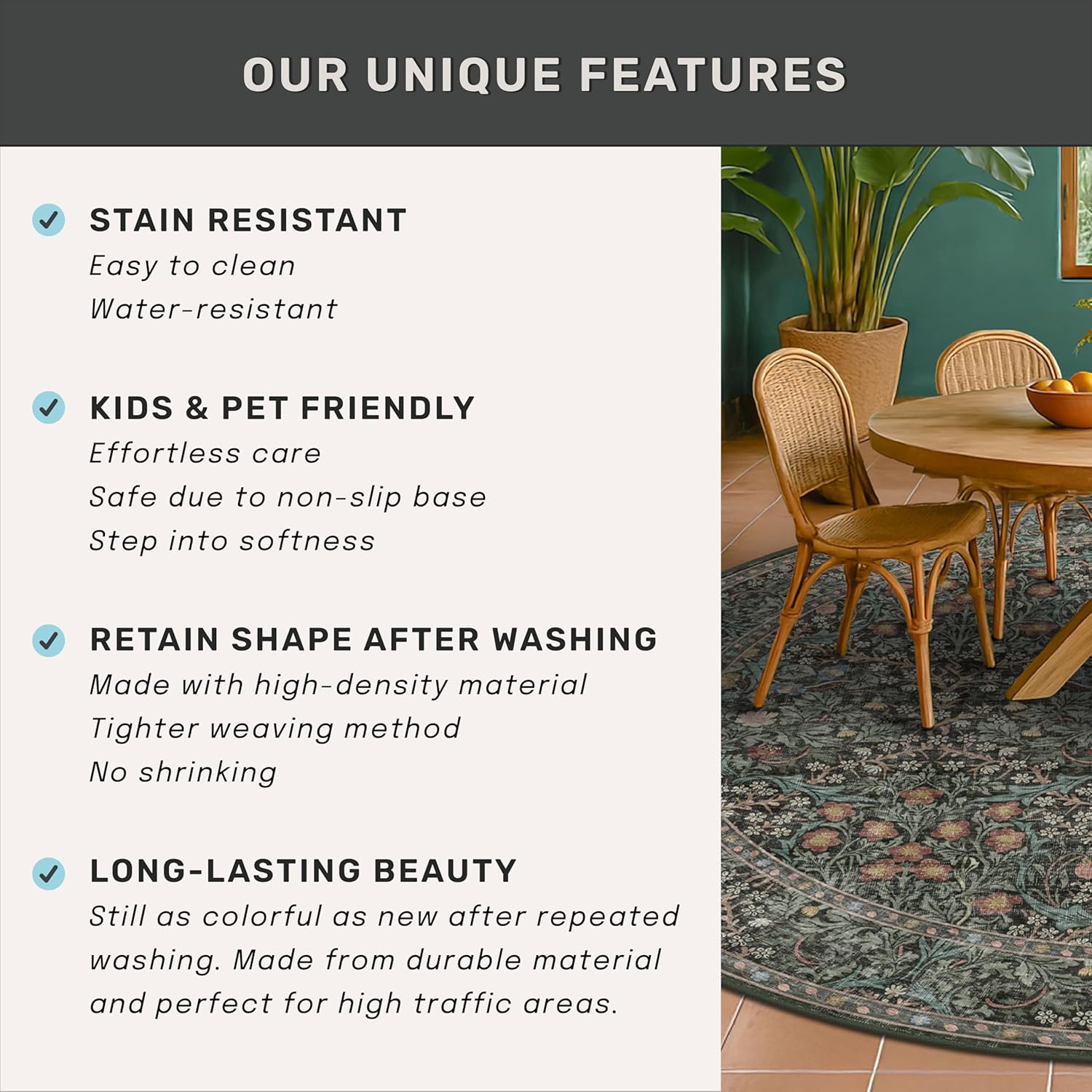 Thumbnail 6 de Hazo Haus Washable Round Area Rug (6ft) in Dark Green Floral — Non-Slip Rubber Backing