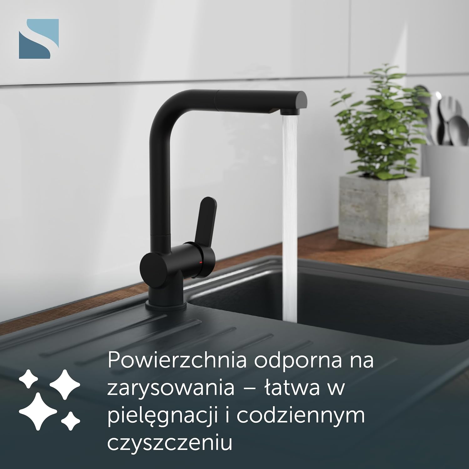 Detalle de SCHÜTTE 79760 London – czarna bateria kuchenna z wyciąganą słuchawką