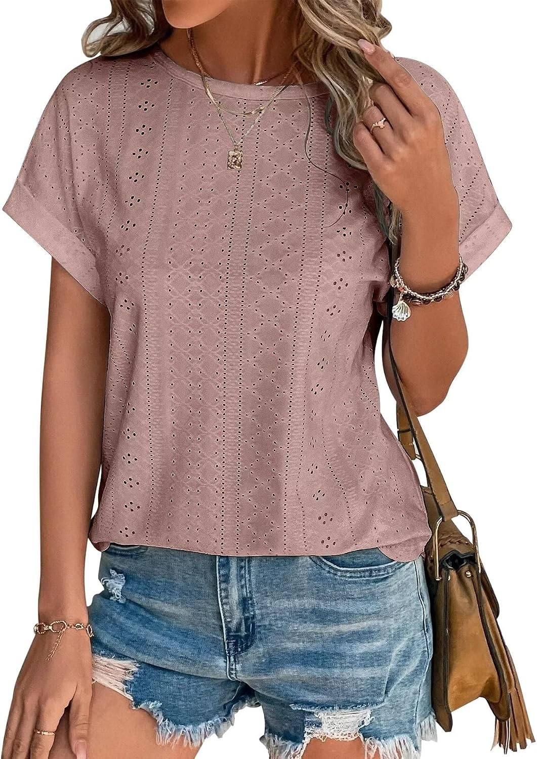 Thumbnail 6 de Cuptacc Damen Sommertop mit Lochstickerei, Rundhalsausschnitt & Fledermausärmeln – Kurzarm Tunika-Style
