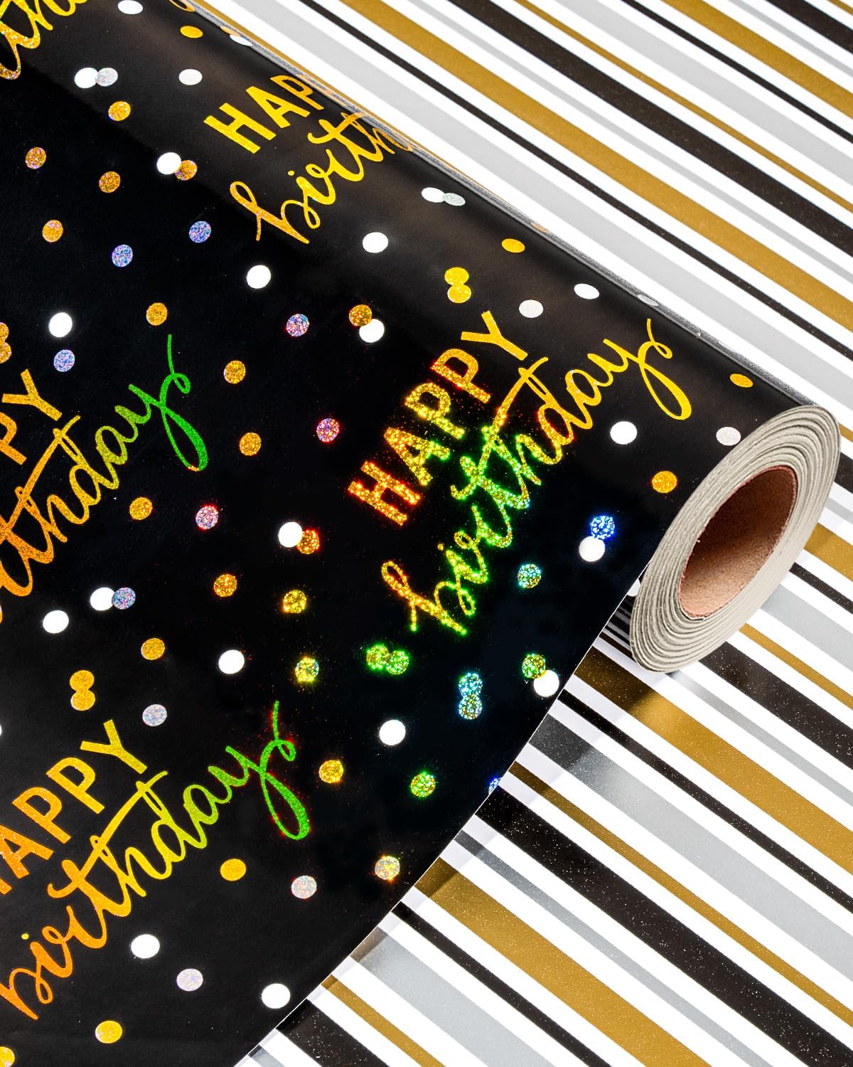 Thumbnail 6 de WIKADLIK Colorful Birthday Wrapping Paper Roll – 43 cm x 10 m with Gold Foil Happy Birthday Lettering