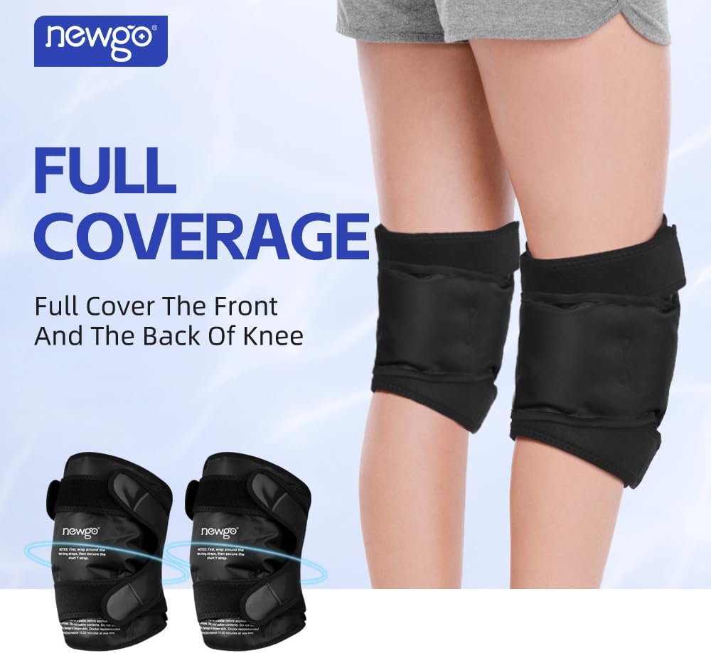 Detalle de NEWGO reusable knee ice pack wrap (2-pack) for post-surgery pain relief, swelling and bruising