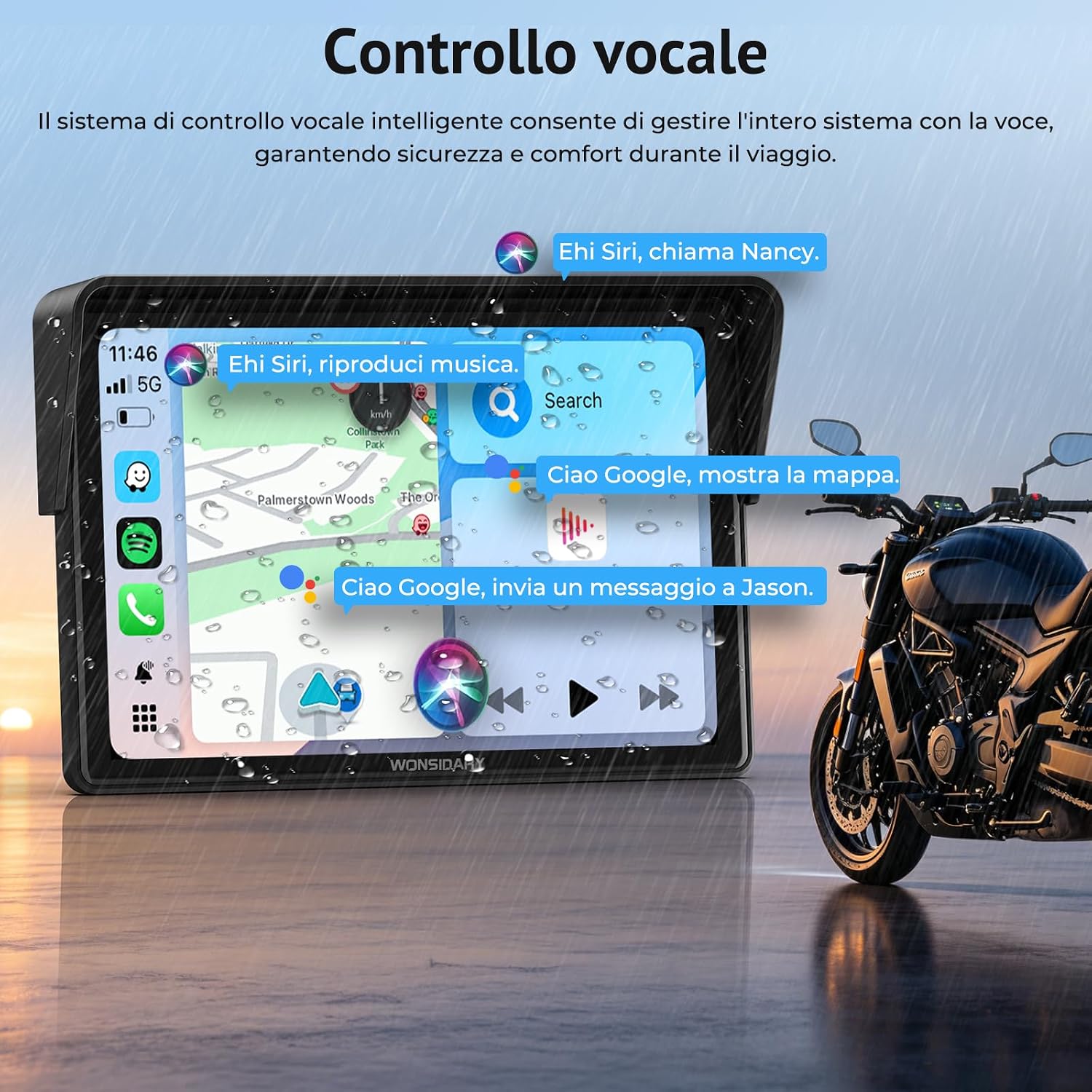 Detalle de Wonsidary W522TPMS: Schermo Moto CarPlay Wireless da 5'' con TPMS, IP67 e Audio Bluetooth Doppio