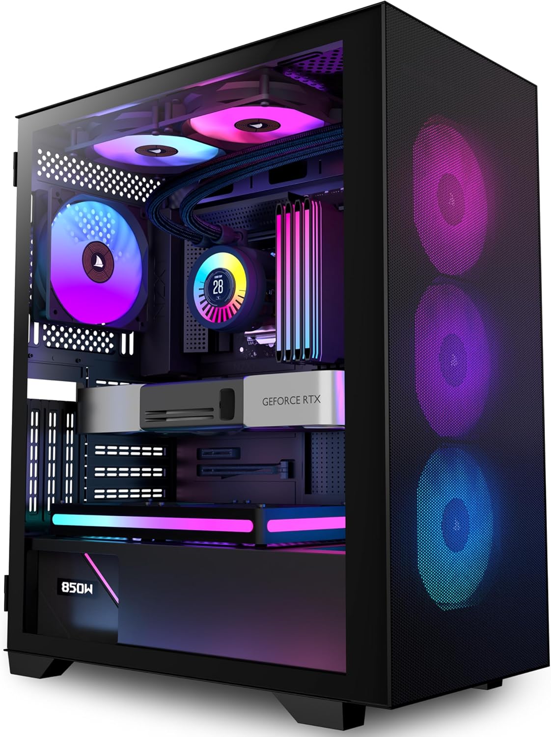 Detalle de KEDIERS PC-Gehäuse H05 (ATX Mid Tower) mit 6× PWM ARGB-Lüftern, gehärtetes Glas und USB-I/O, schwarz