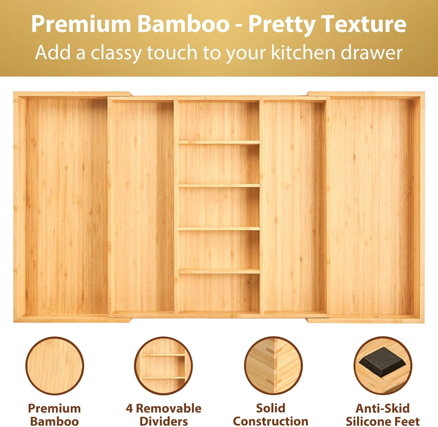 Detalle de Umilife Extra Large Expandable Kitchen Drawer Organizer — 19" Deep, 19" to 33" Width, Bamboo Wood