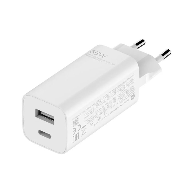 Detalle de Cargador Xiaomi Mi 65W GaN con USB-A y USB-C: potencia compacta para portátil y móvil
