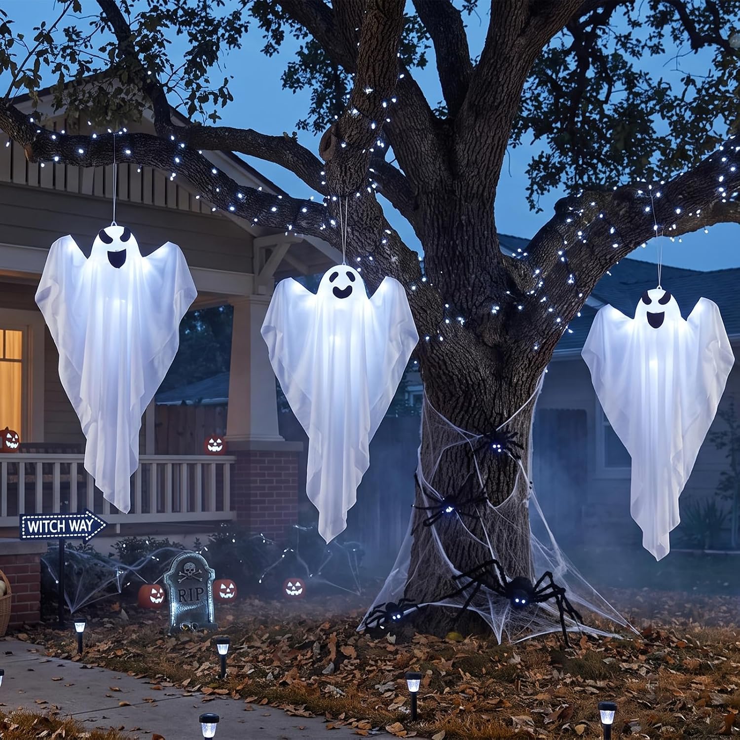 Detalle de BCLGSHINE 3-Pack Hanging Ghost Decorations, 32-Inch with 45 LEDs and Witch Hats