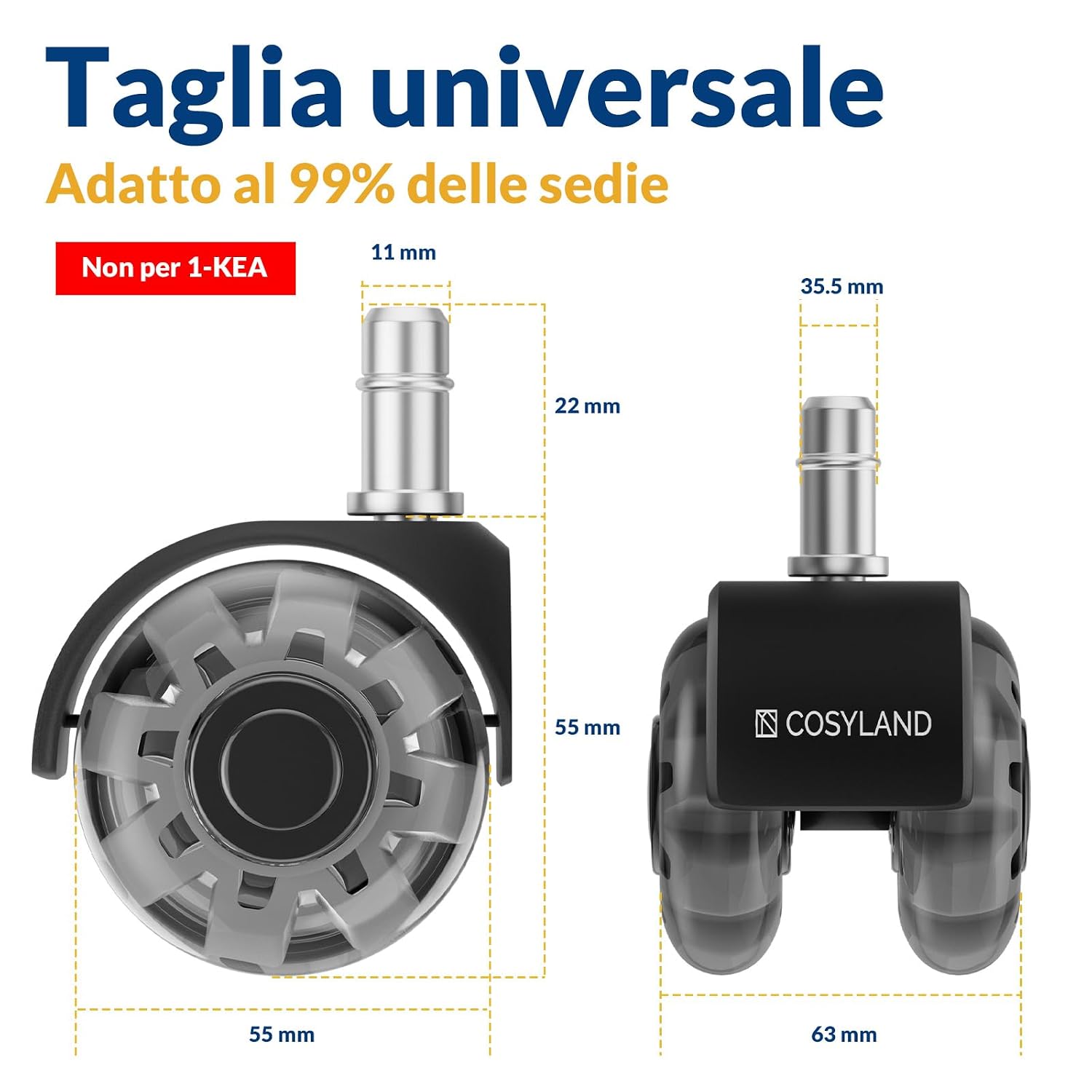 Thumbnail 1 de COSYLAND Rotelle doppie argento trasparente per sedia ufficio – 10 mm, rotazione 360° e pavimenti delicati