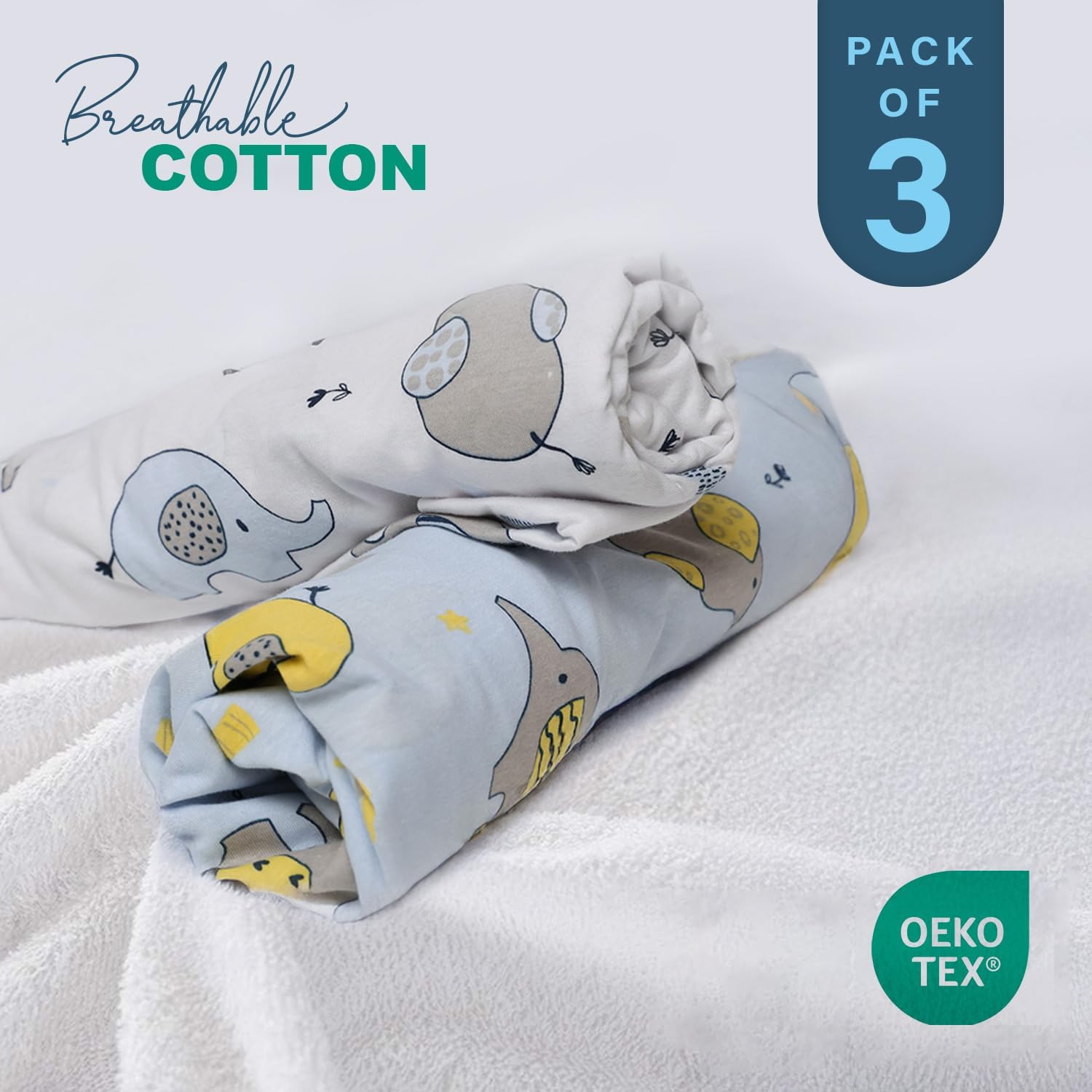Thumbnail 2 de 100% Pure Jersey Cotton Baby Cot Sheets 120x60 Fitted – 3 Pack with Waterproof Pad (Gray/Blue Elephant)