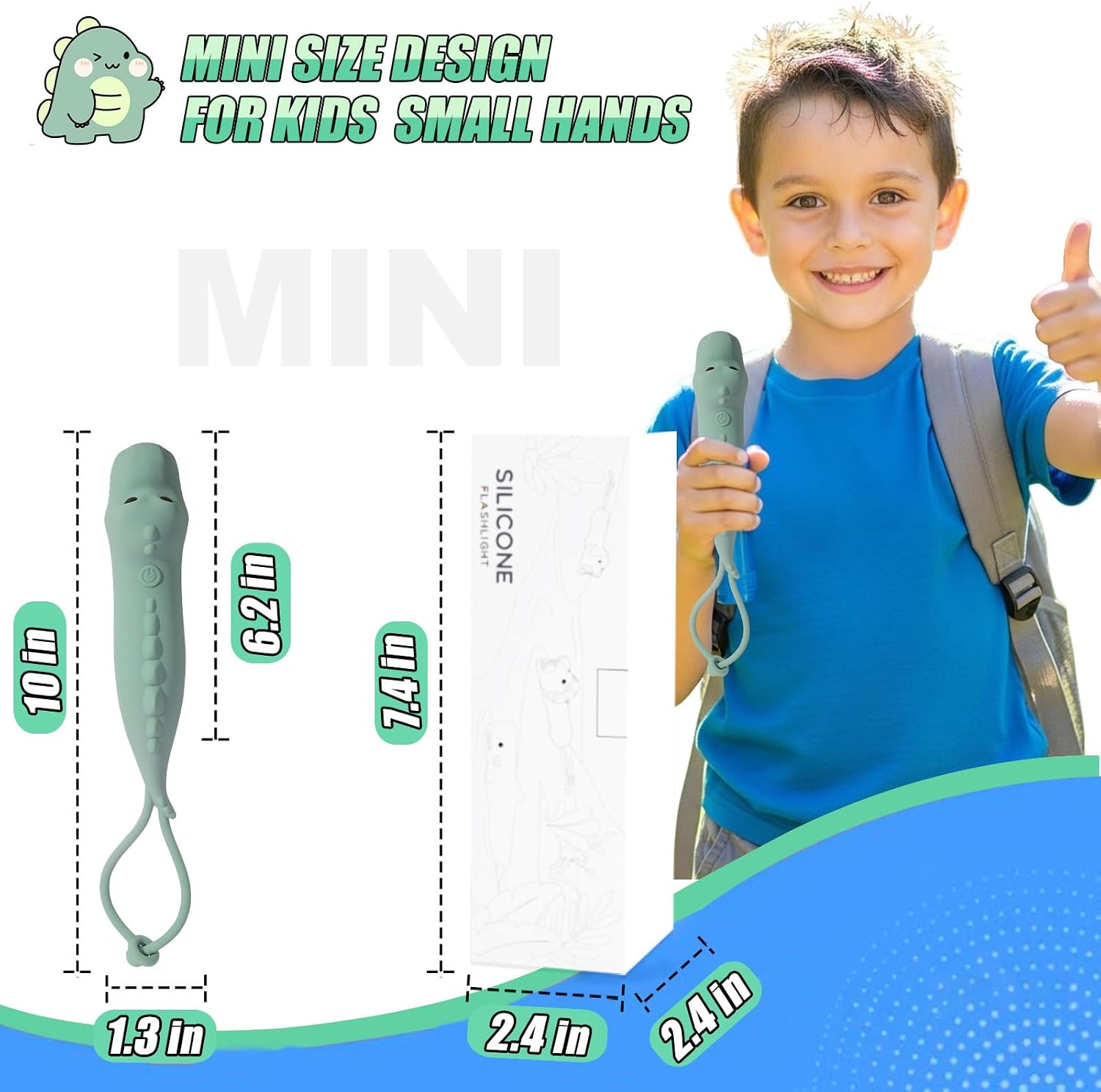 Detalle 2 de ZKLiLi Dinosaur Outdoor aufladbare Kinder-Taschenlampe – Silikon, 3 Modi und USB‑C Laden