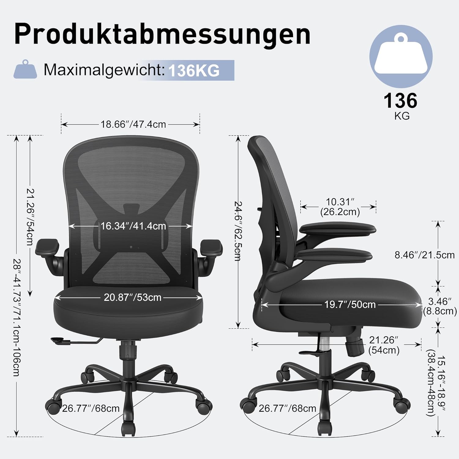 Thumbnail 1 de Keratee Sedia da ufficio ergonomica in mesh con supporto lombare regolabile e braccioli ribaltabili, seduta girevole 360° in nero