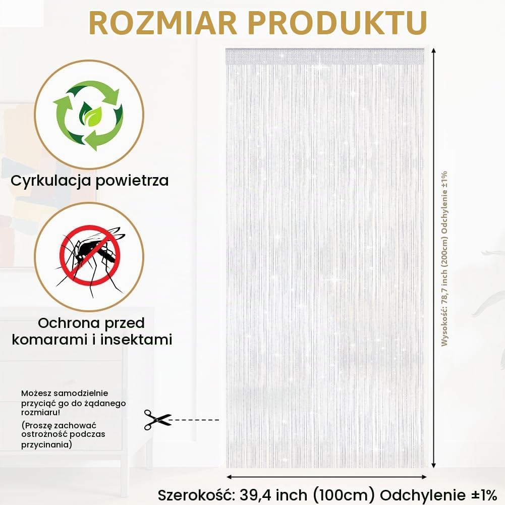 Detalle de OFFCUP zasłona sznurkowa na drzwi 100 × 200 cm, biała, z połyskującą nicią