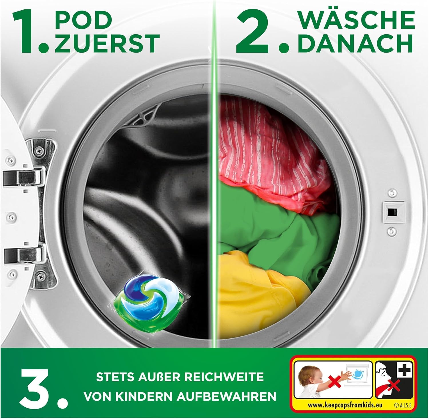 Detalle de Ariel Pods Universal+ Waschmittel, 100 Wäschen – Flecken entfernen schon bei der ersten Wäsche