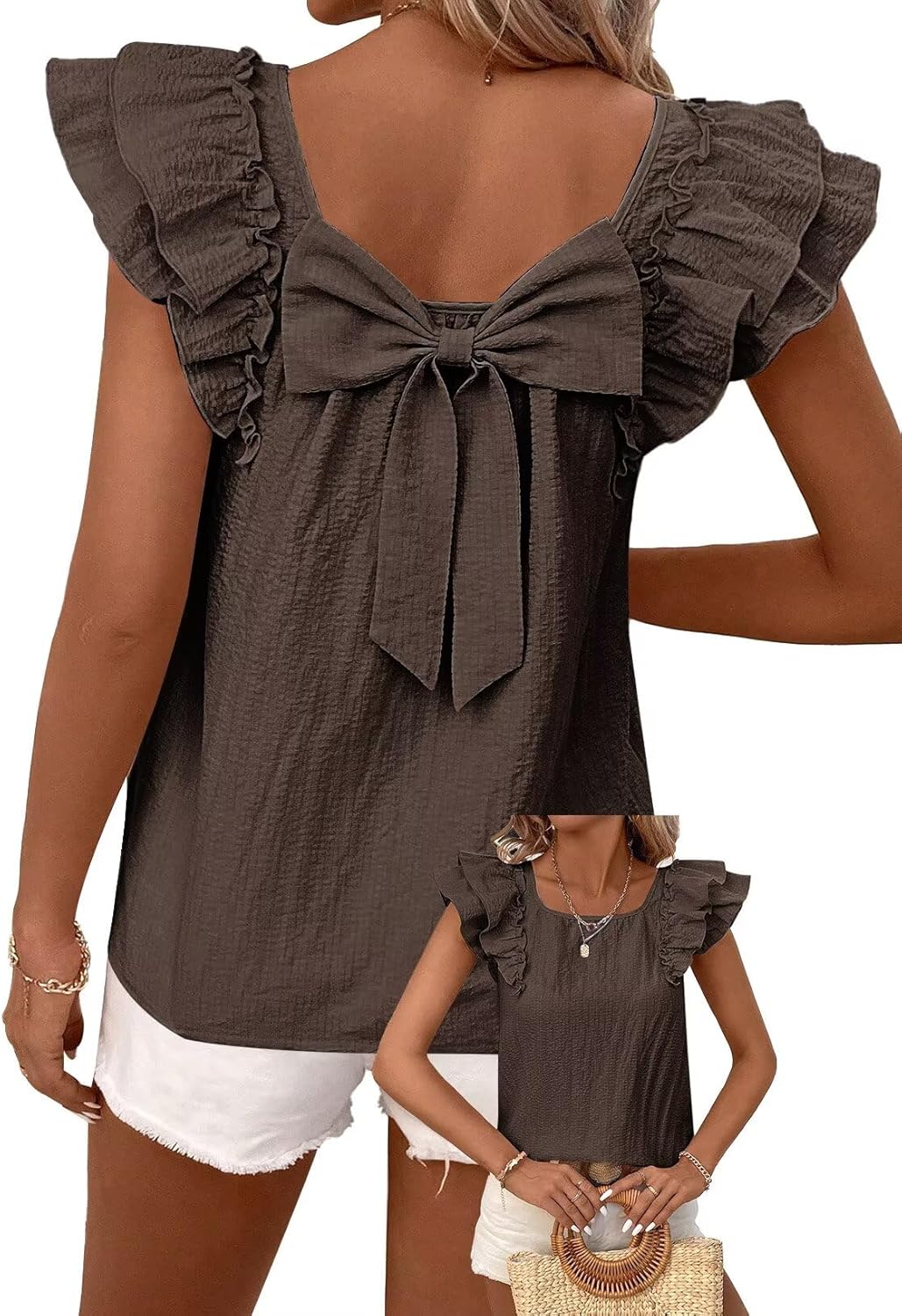 Detalle de Falechay Womens Bow Tie Back Round Neck Ruffle Short Sleeve Babydoll Chiffon Tee Tunic