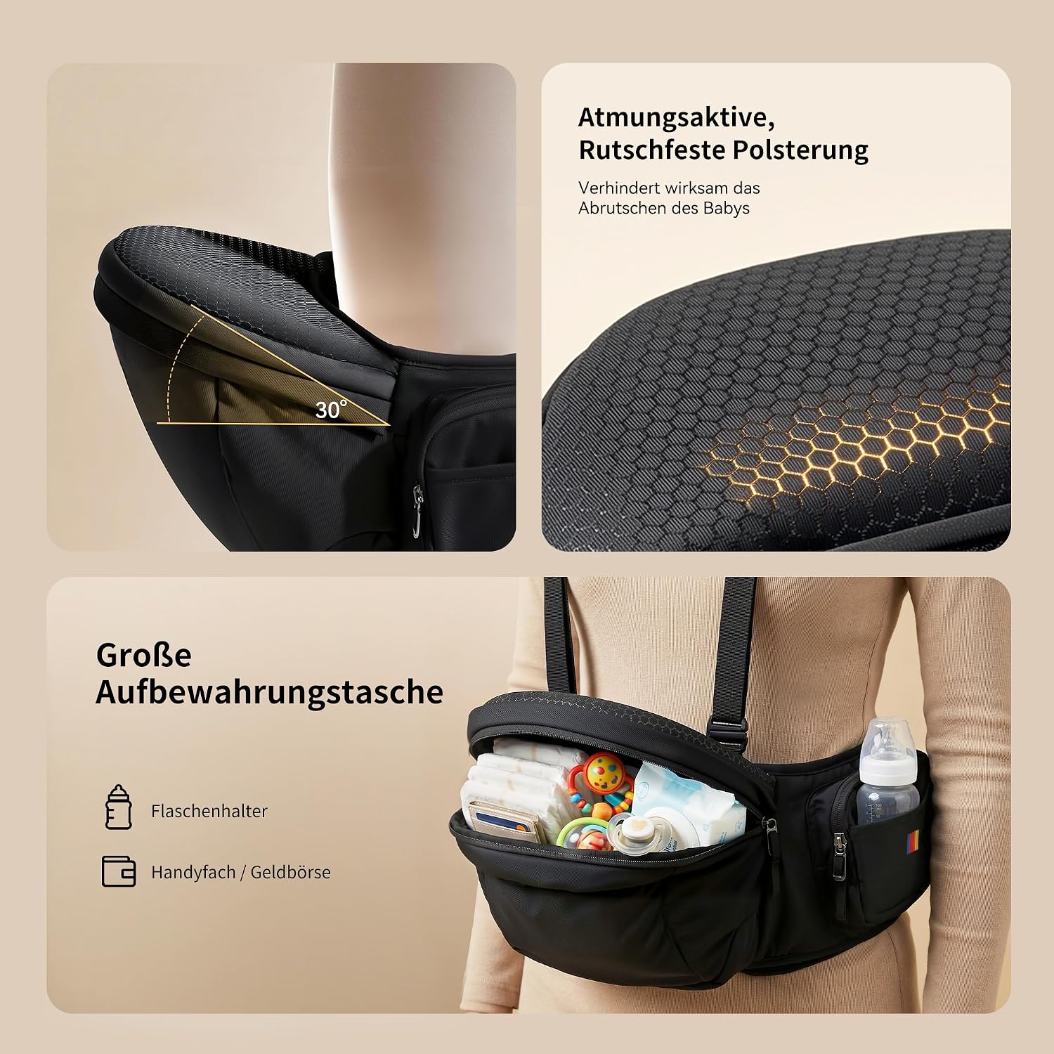 Thumbnail 6 de Bebebus Babytrage mit Hüftsitz und Hüfttrage – Stufenloser Drehmechanismus, Y-Trägersystem, Taschen & bis 20 kg