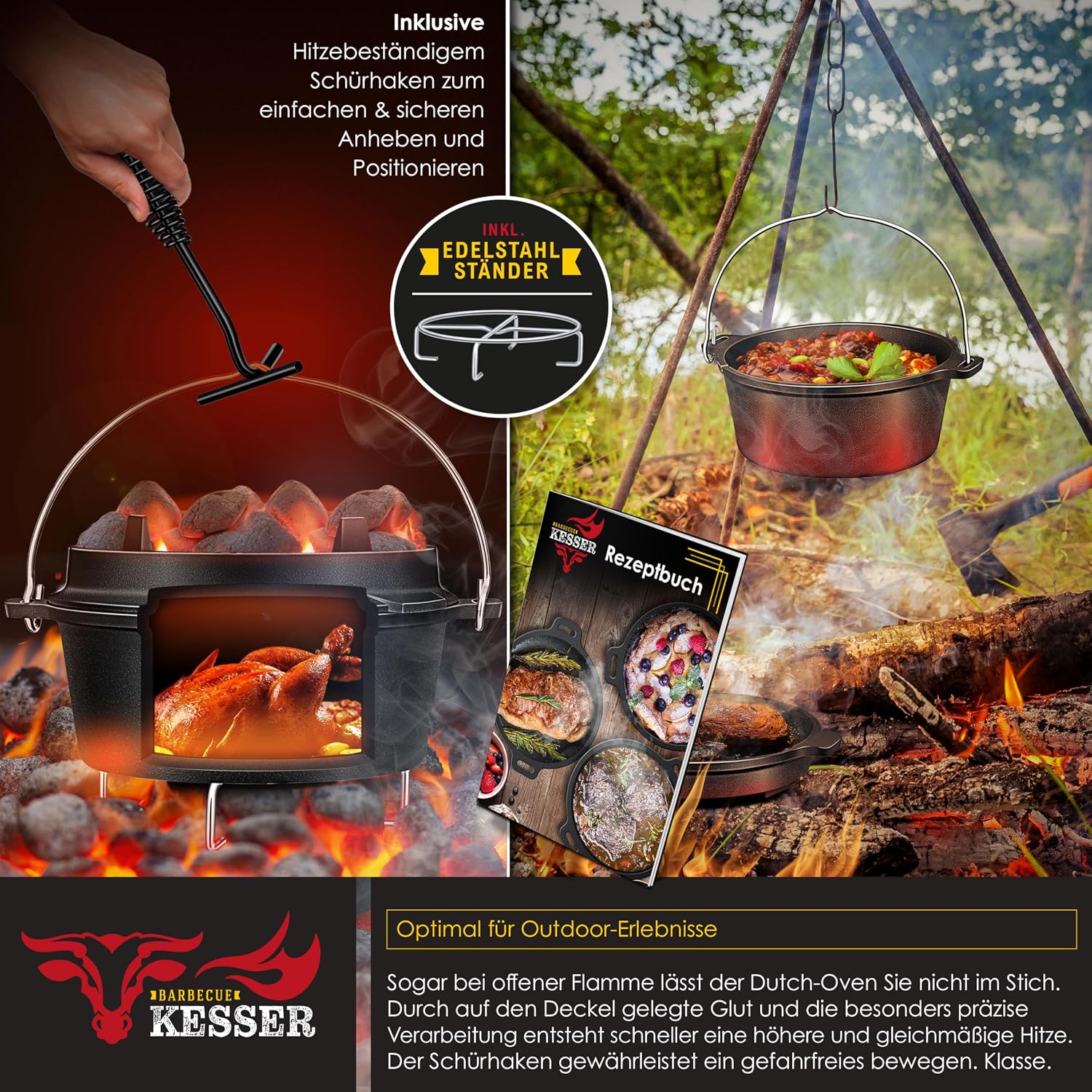 Detalle de KESSER® Dutch Oven Set BBQ 7,3 Liter – Schmortopf & Feuertopf aus Gusseisen mit Edelstahleruntersetzer