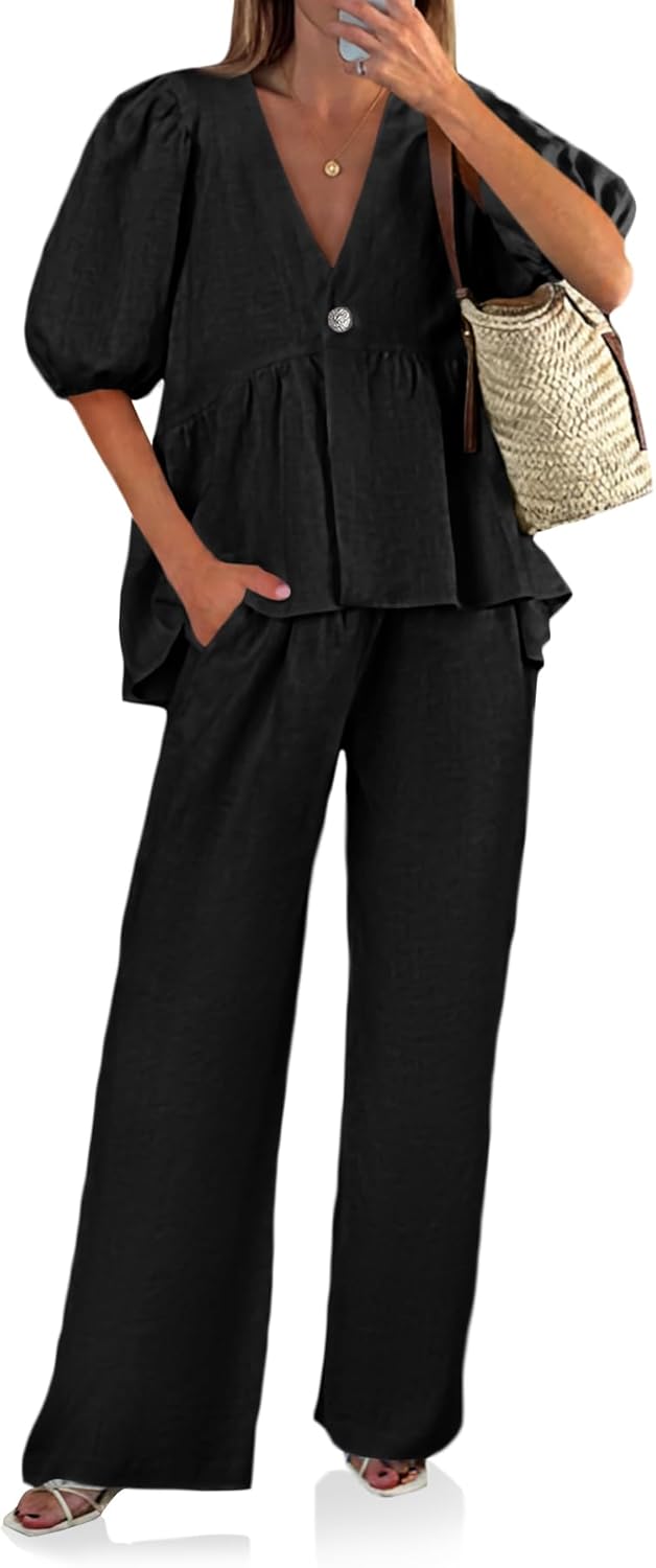 Detalle de Tankaneo Women's 2-Piece Linen Sets: V-Neck Puff Sleeve Babydoll Top & Wide Leg Pants