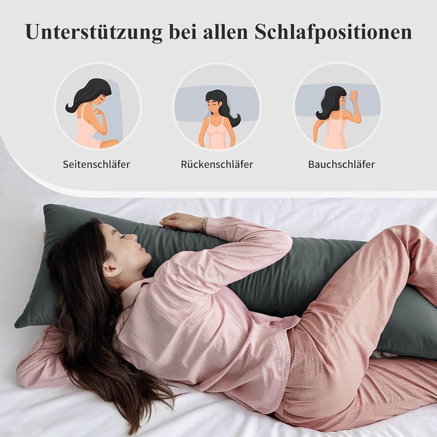 Detalle 2 de Aisbo Kissenbezug 40x145 2er Set Seitenschläferkissen Bezug Anthrazit