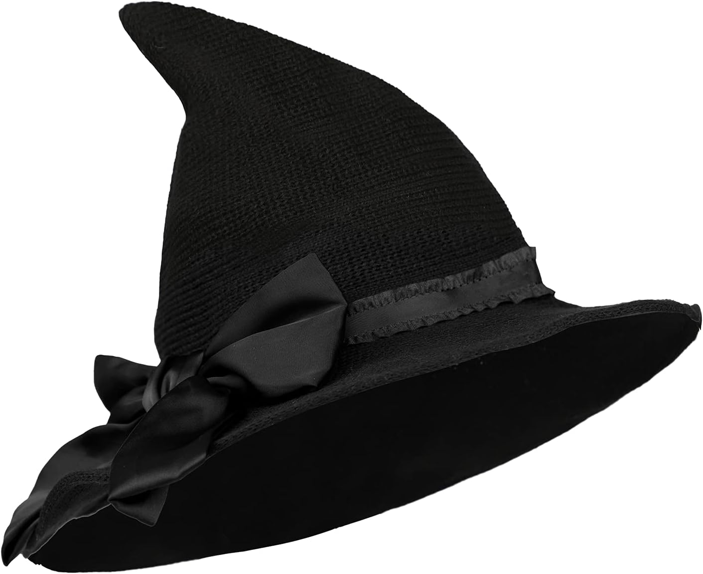 Detalle de HKSICHENGKEJIUK Halloween Witch Hat with Rose Bow – One-Size Gothic Knit Wide-Brim Headwear