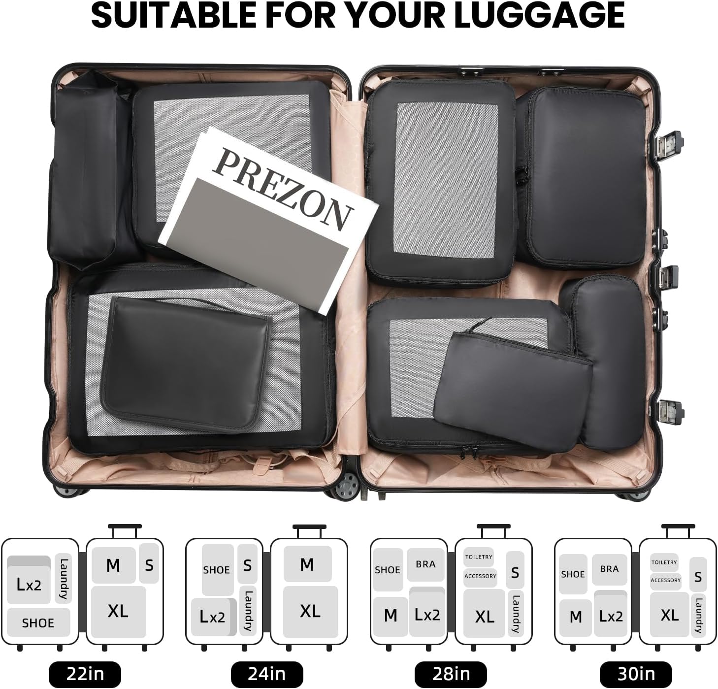 Detalle 2 de Prezon Packing Cubes for Suitcase 10 Set (Black) – lightweight travel organisers with see-through mesh