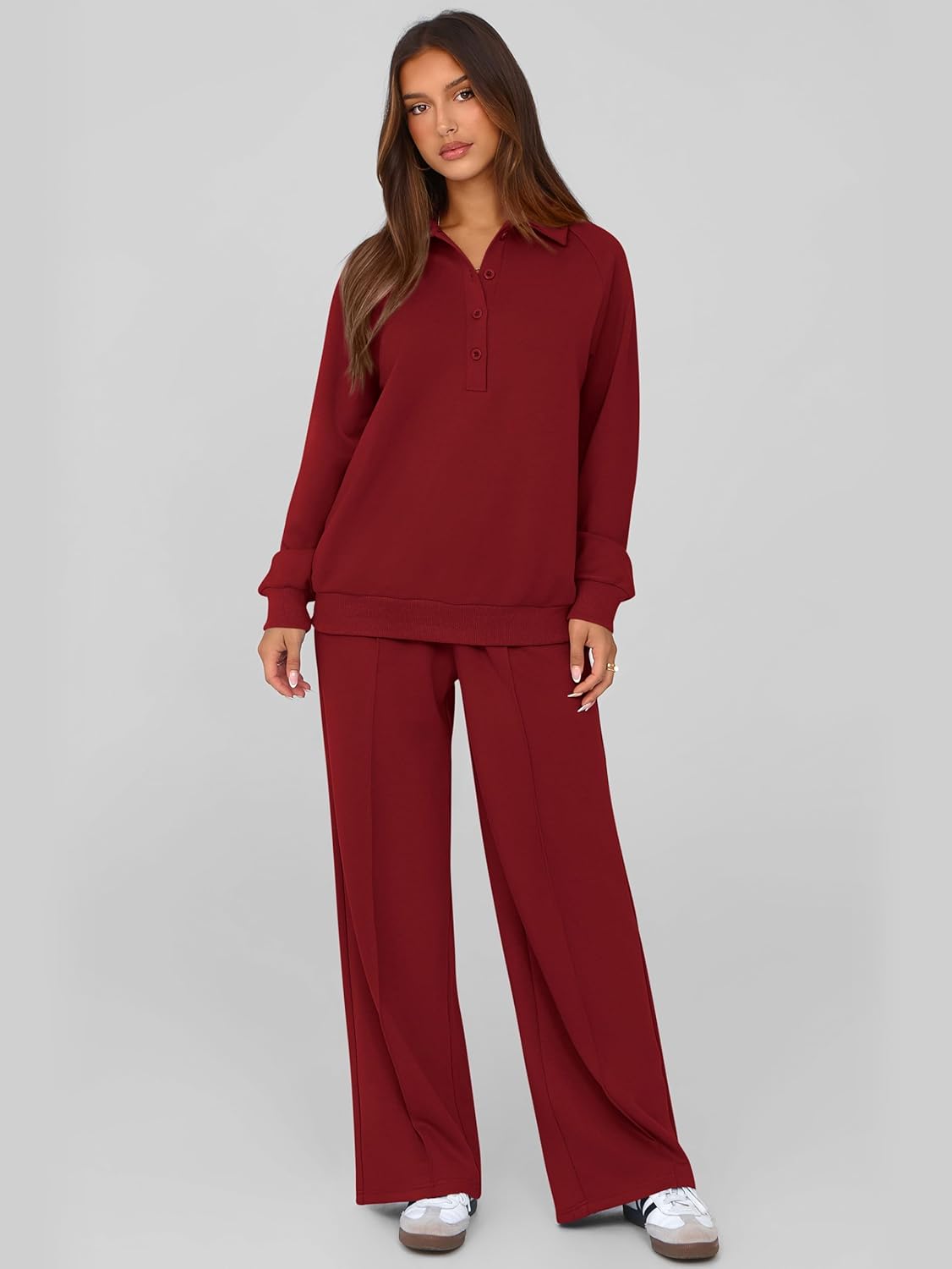 Detalle de PRETTYGARDEN Women Fall 2-Piece Sweatsuit: Quarter Button Sweatshirt and Wide-Leg Pants