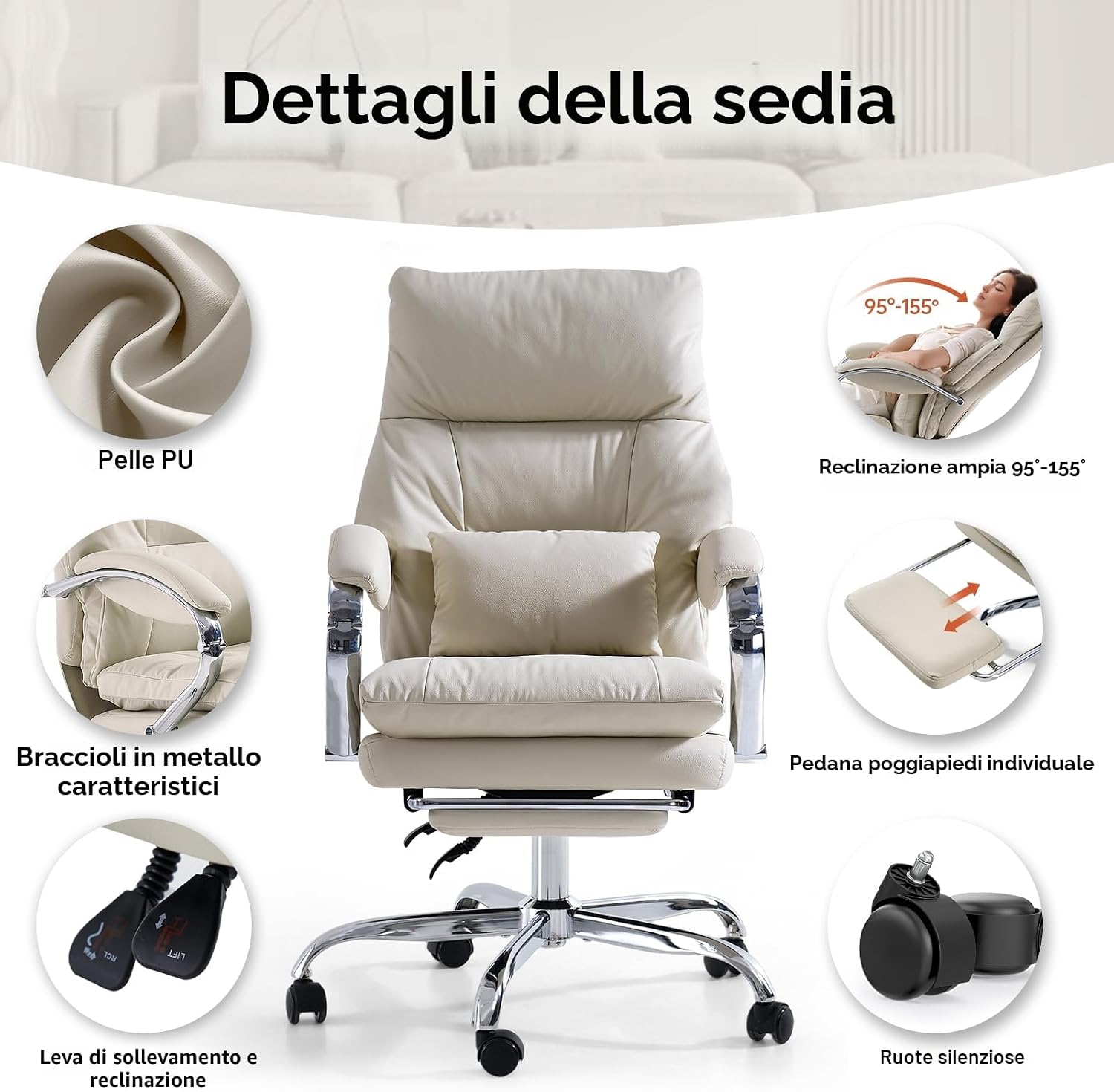Thumbnail 6 de EMIAH Sedia da Ufficio Direzionale con Poggiapiedi: ergonomia e comfort premium (Beige)