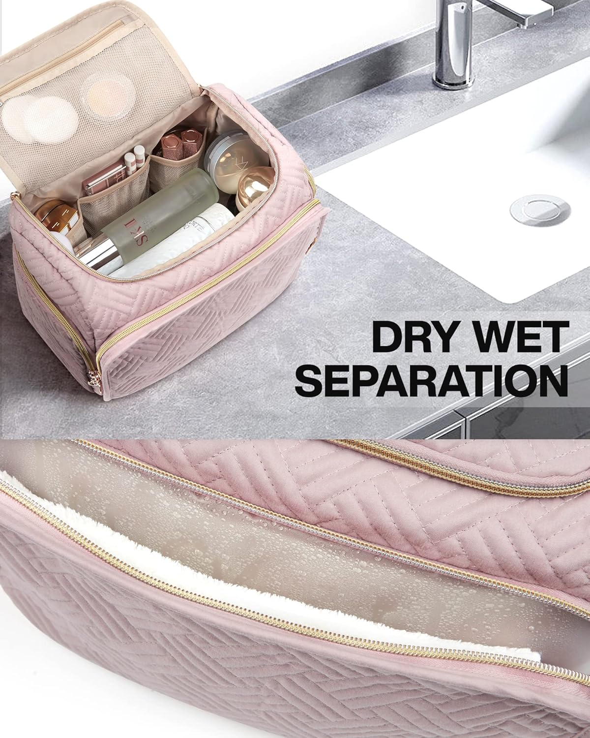 Thumbnail 4 de BAGSMART Travel Toiletry Bag for Women (Large, Pink) – wide-open organiser with dry/wet separation