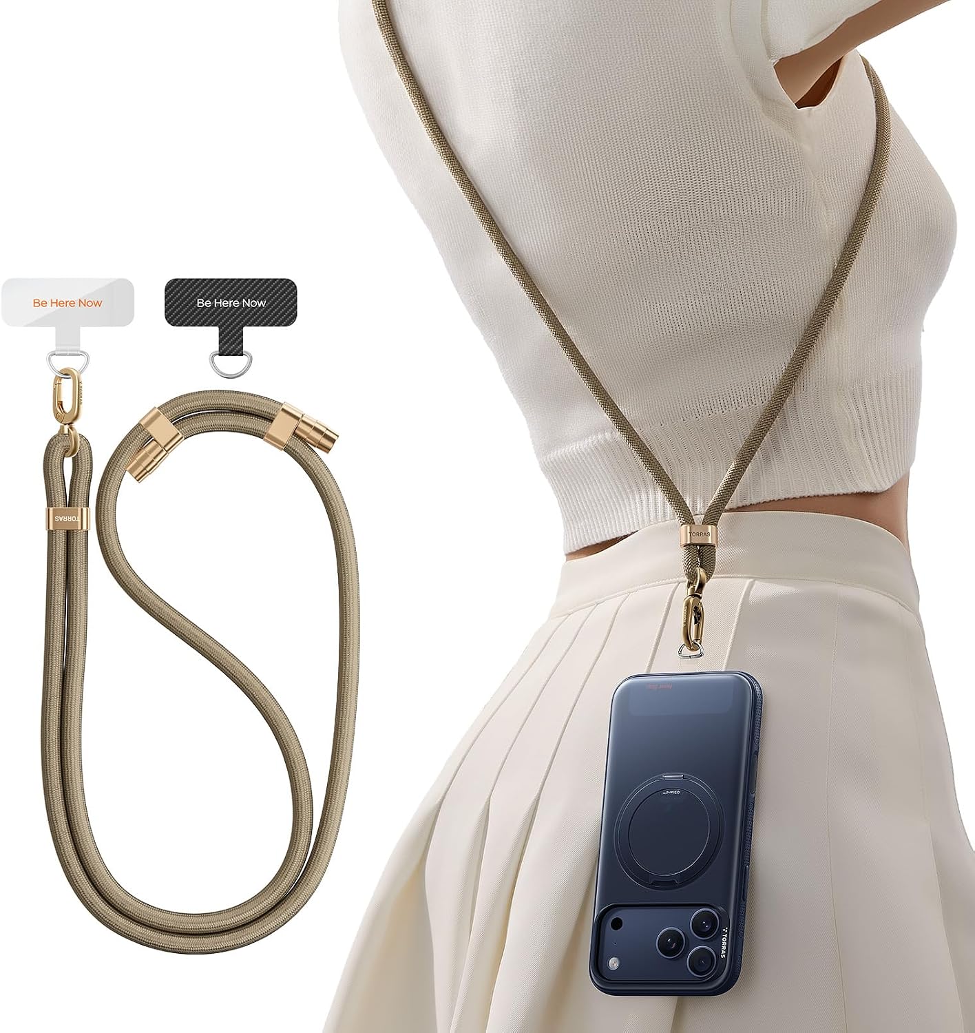 Detalle de TORRAS Phone Lanyard Crossbody, Adjustable Khaki Strap with 2 Tether Tabs