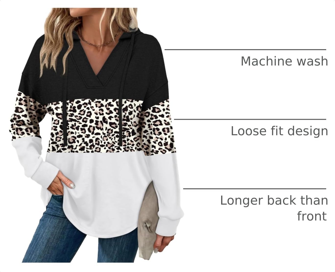 Detalle de Sampeel Women's V-Neck Oversized Hoodie, Long Sleeves, Longer Back Hem