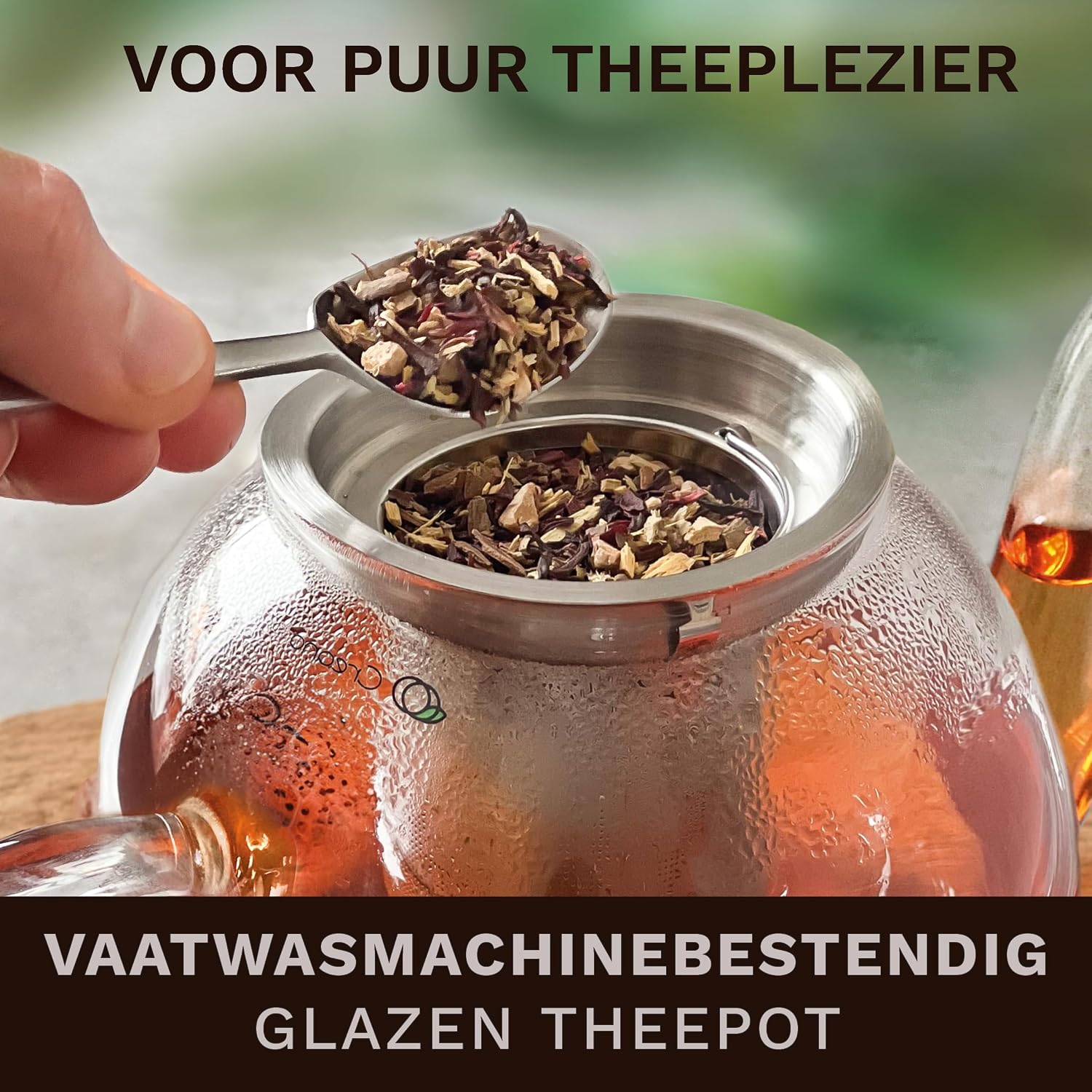Thumbnail 6 de Creano 419 glazen theepot Hoog 1 liter met RVS-filter en Leaf-theelichtwarmer