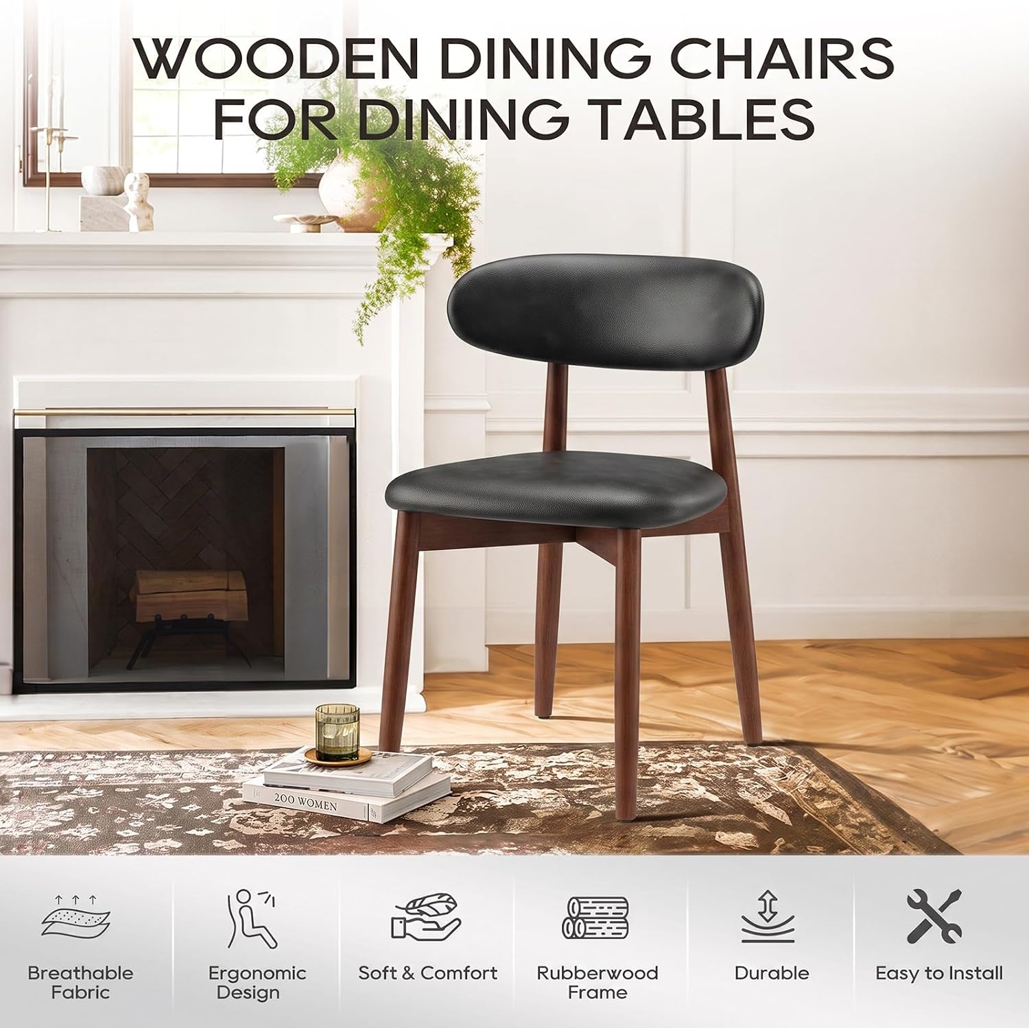 Thumbnail 6 de COLAMY D6270US Wooden Dining Chairs, Set of 6, Black Leather Upholstery